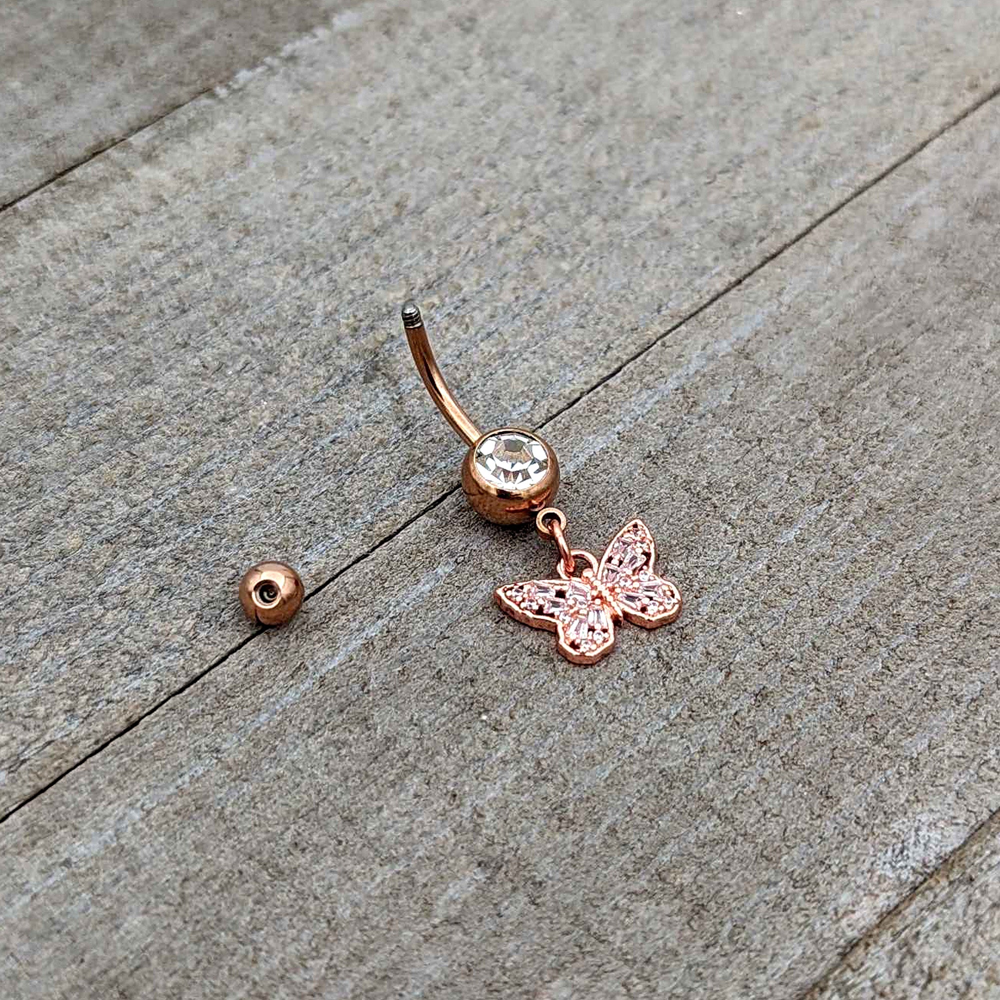 Clear Gem Rose Gold Tone Baroque Butterfly Rococo Dangle Belly Ring