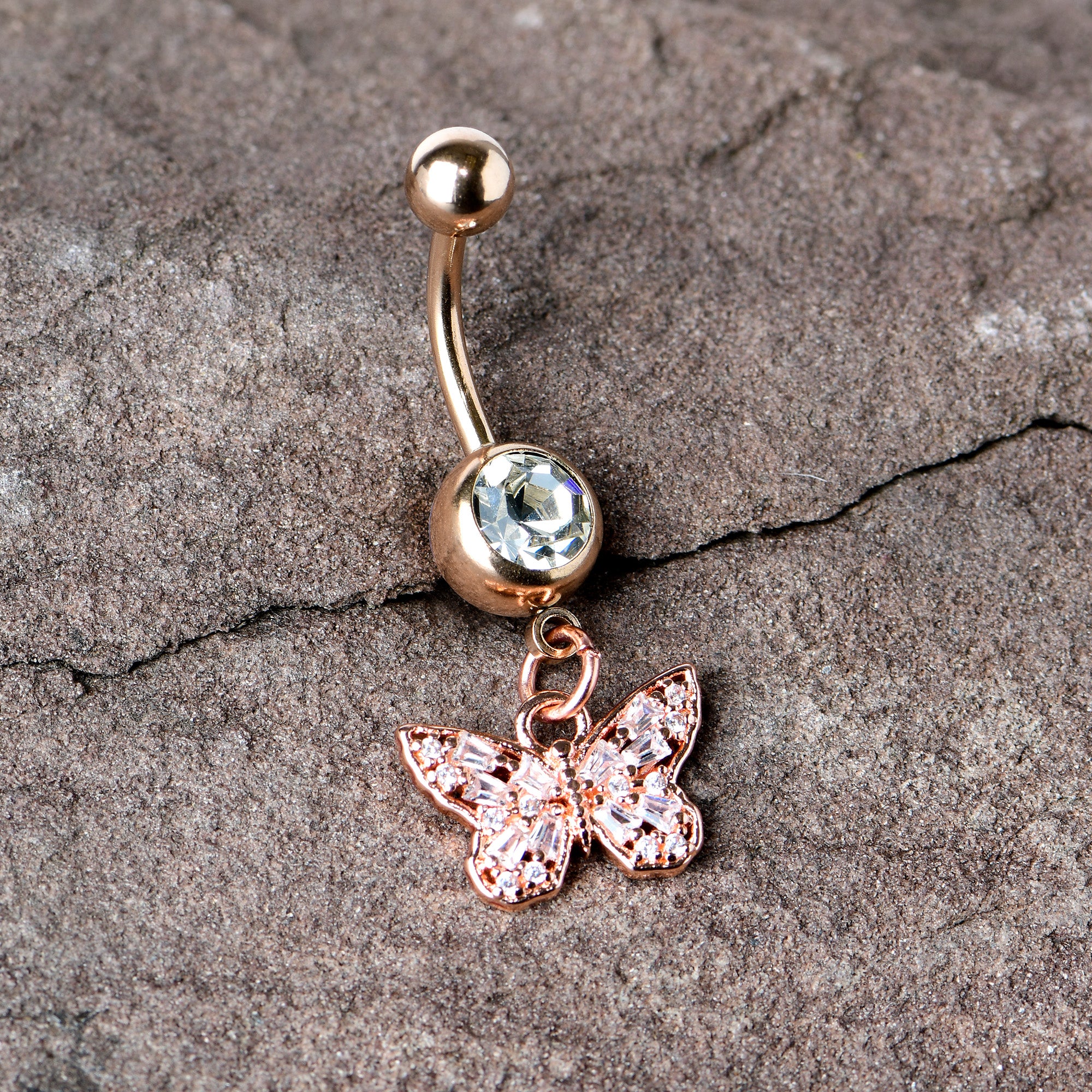 Clear Gem Rose Gold Tone Baroque Butterfly Rococo Dangle Belly Ring