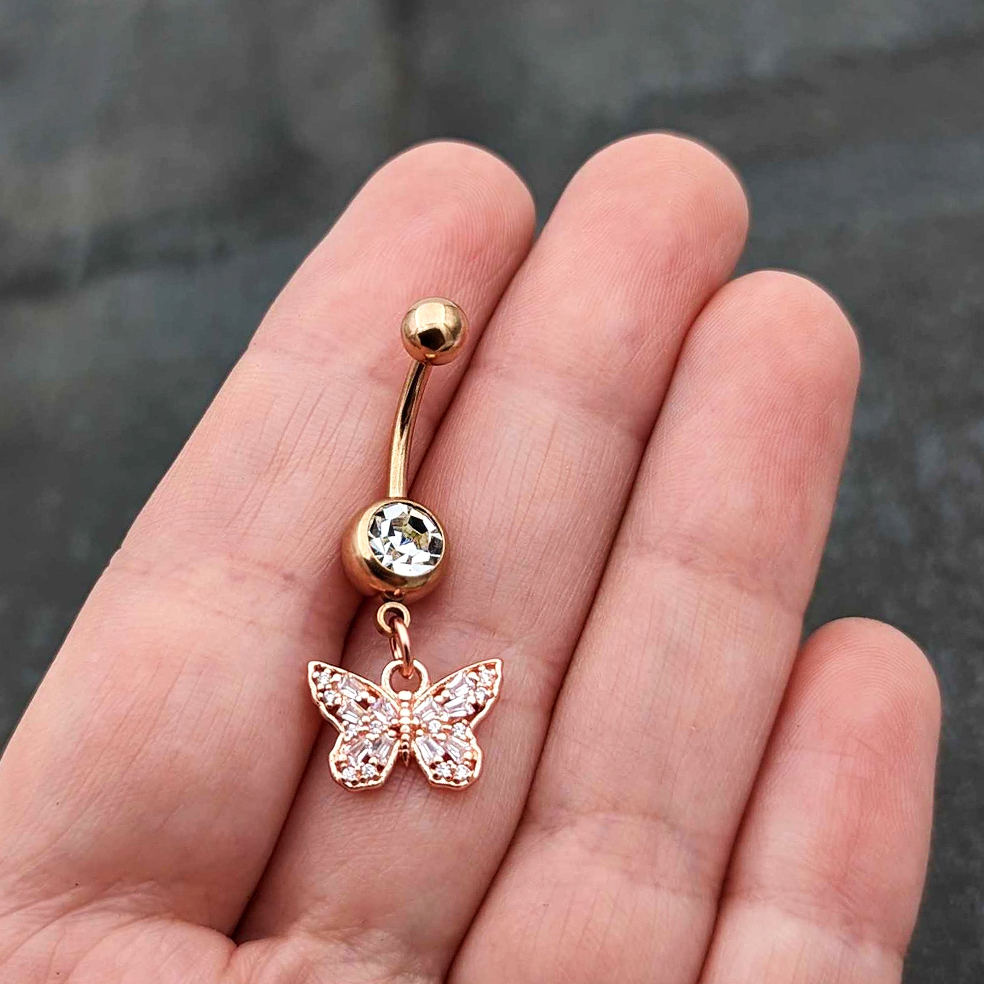 Clear Gem Rose Gold Tone Baroque Butterfly Rococo Dangle Belly Ring