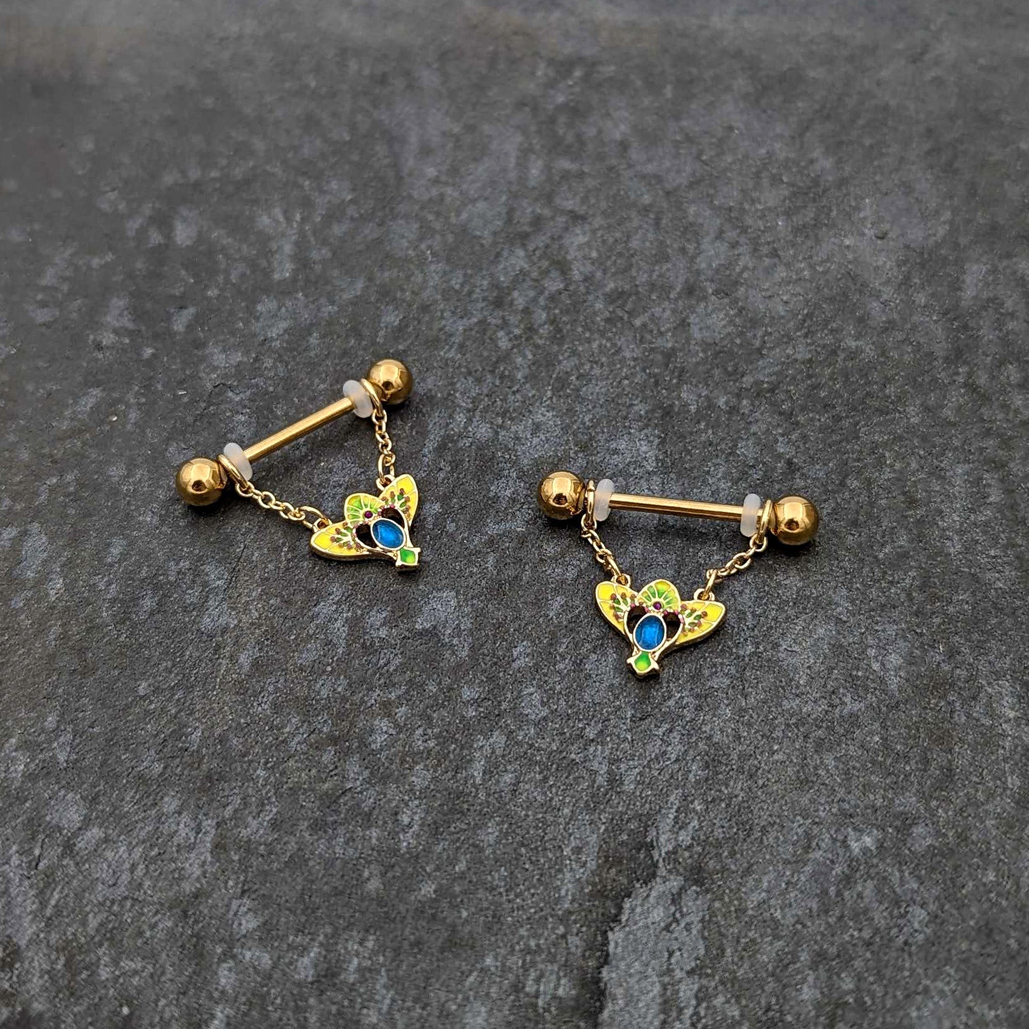 14 Gauge 9/16 Blue Gem Gold Hue Tropic Fan Chain Dangle Nipple Ring Set