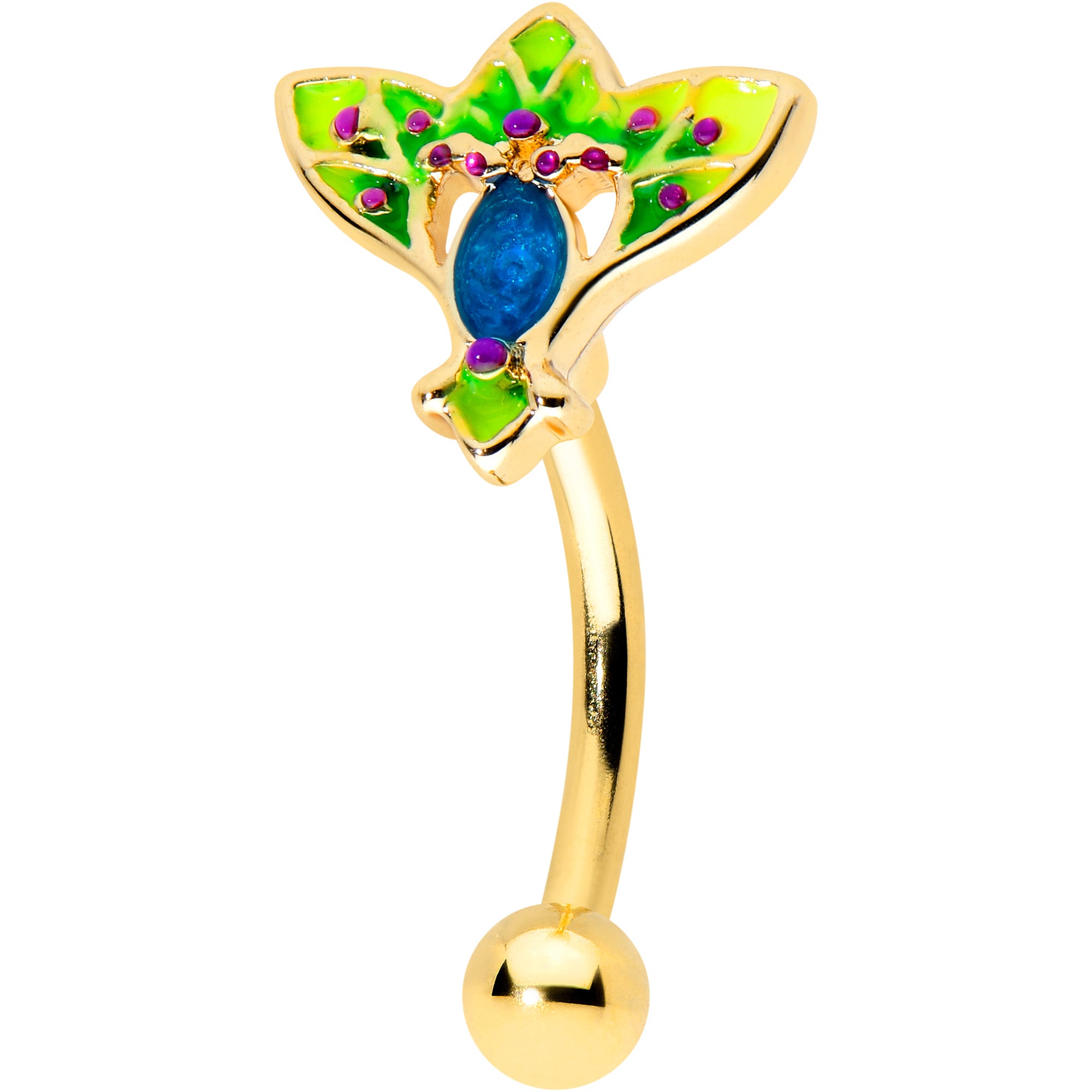 16 Gauge 5/16 Blue Gem Gold Tone Tropic Fan Curved Eyebrow Ring