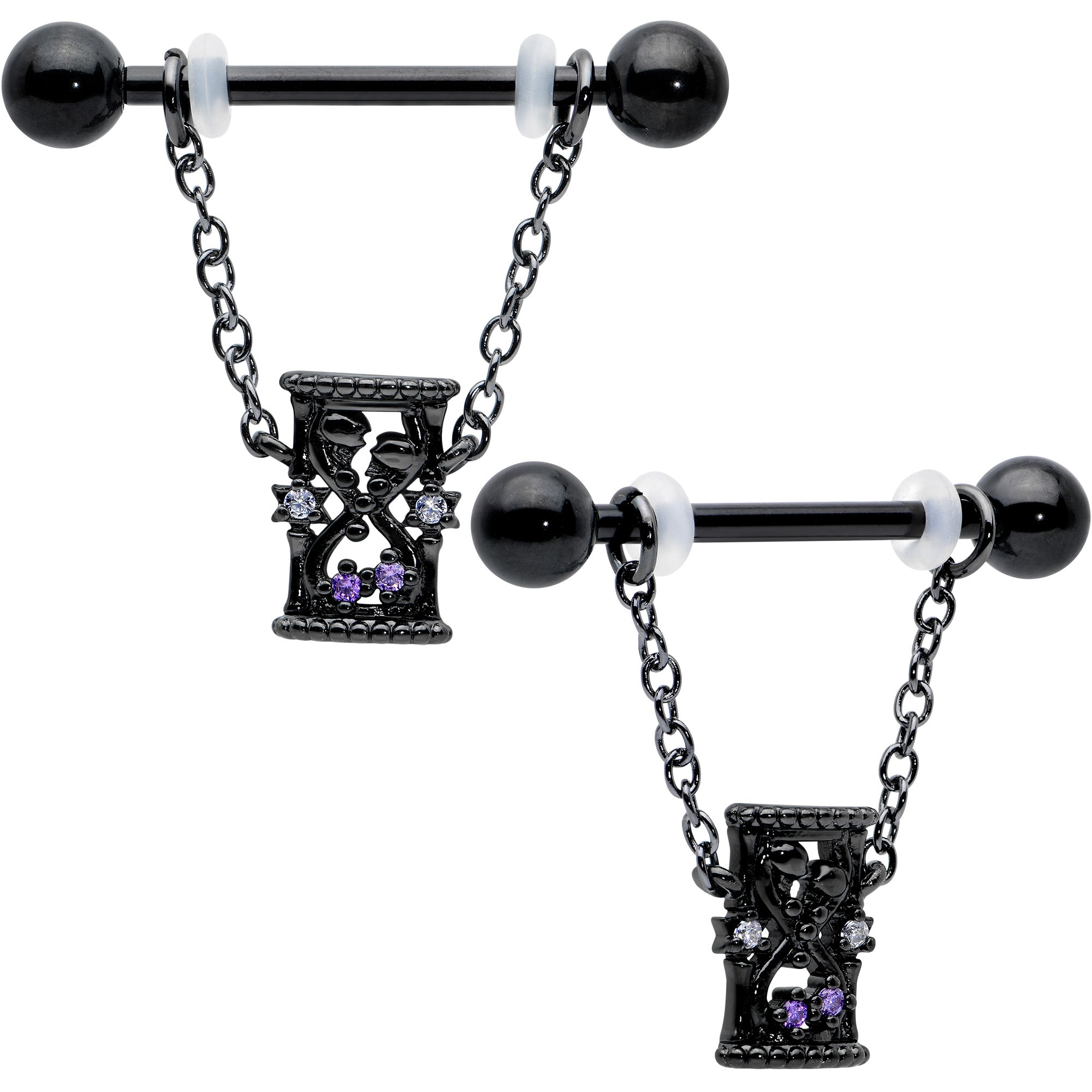 14 Gauge 5/8 Purple Gem Black Goth Hourglass Chain Dangle Nipple Ring Set