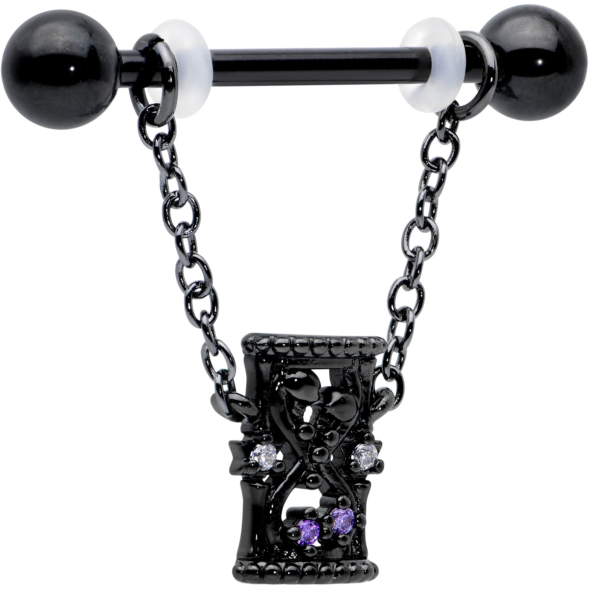 14 Gauge 5/8 Purple Gem Black Goth Hourglass Chain Dangle Nipple Ring Set