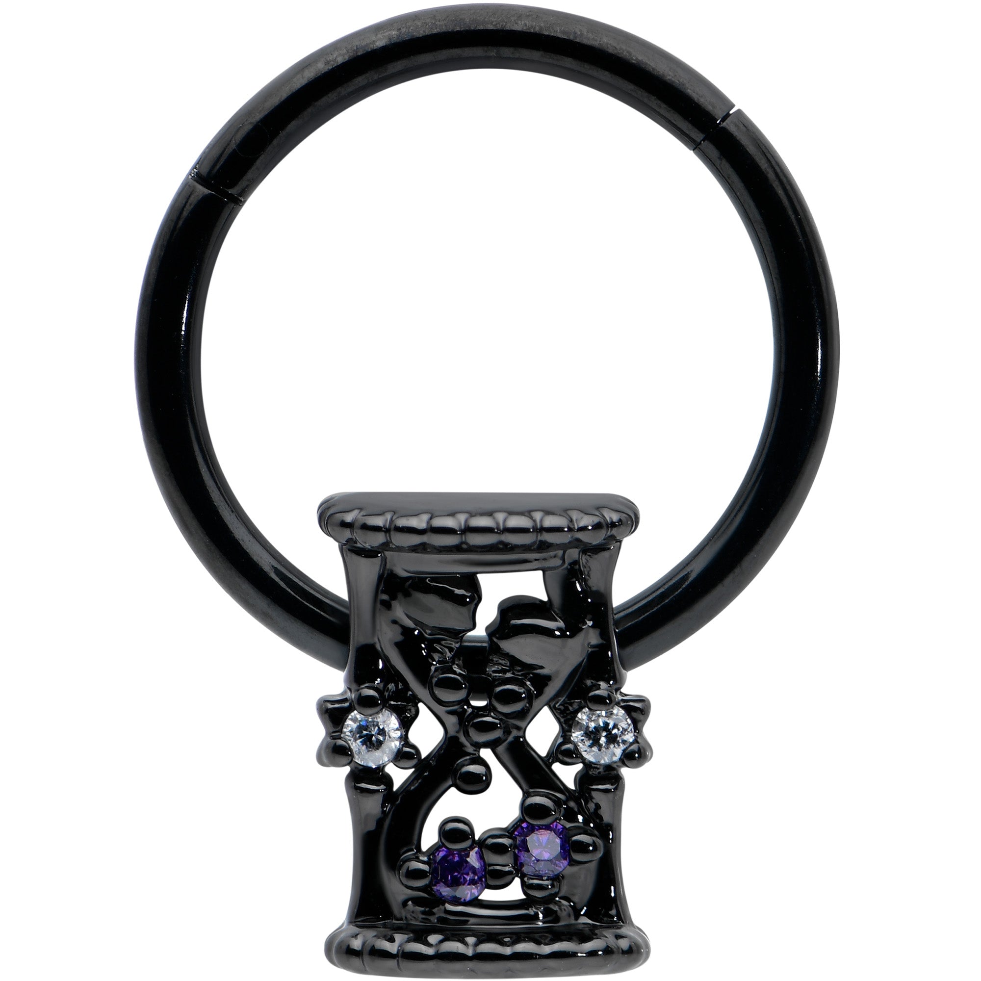 16 Gauge 3/8 Purple Gem Black Heart Goth Hourglass Hinged Segment Ring