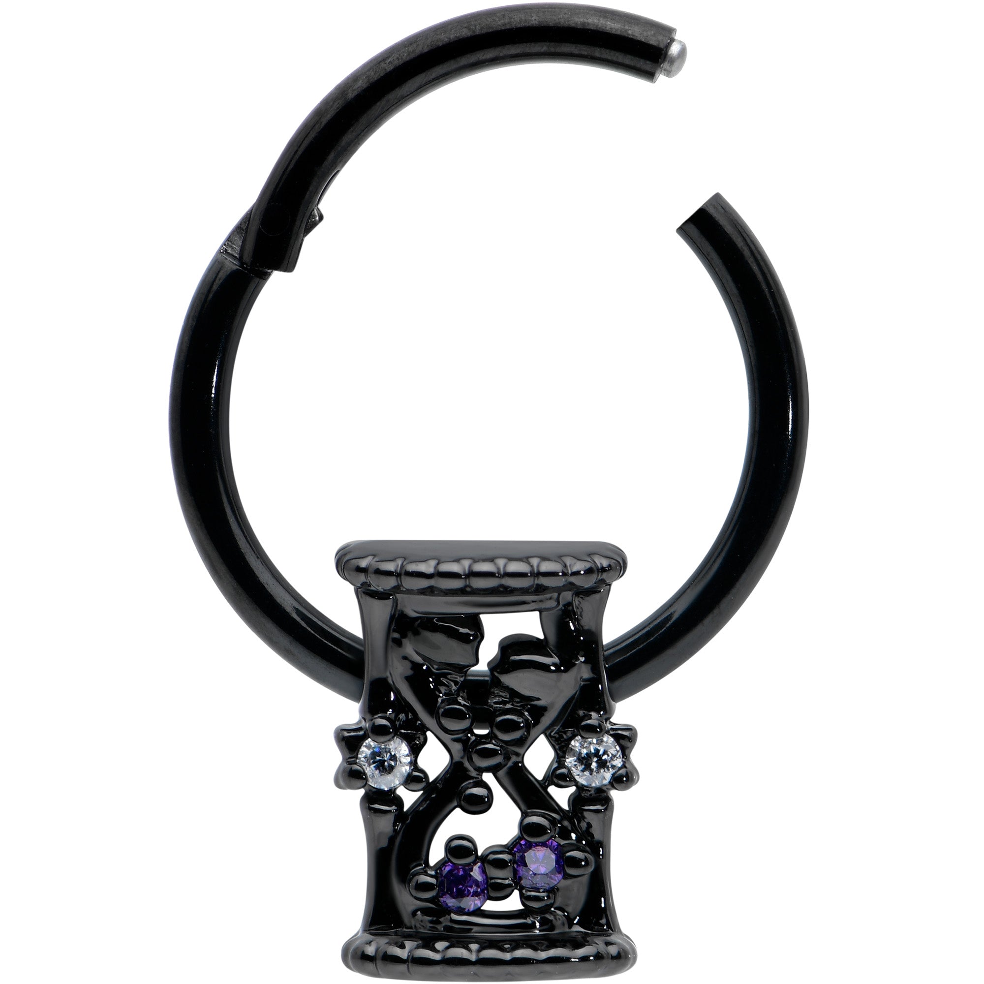 16 Gauge 3/8 Purple Gem Black Heart Goth Hourglass Hinged Segment Ring