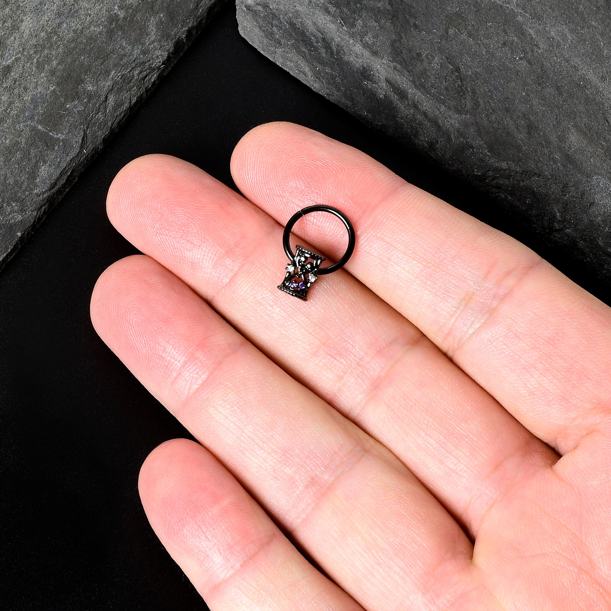 16 Gauge 3/8 Purple Gem Black Heart Goth Hourglass Hinged Segment Ring