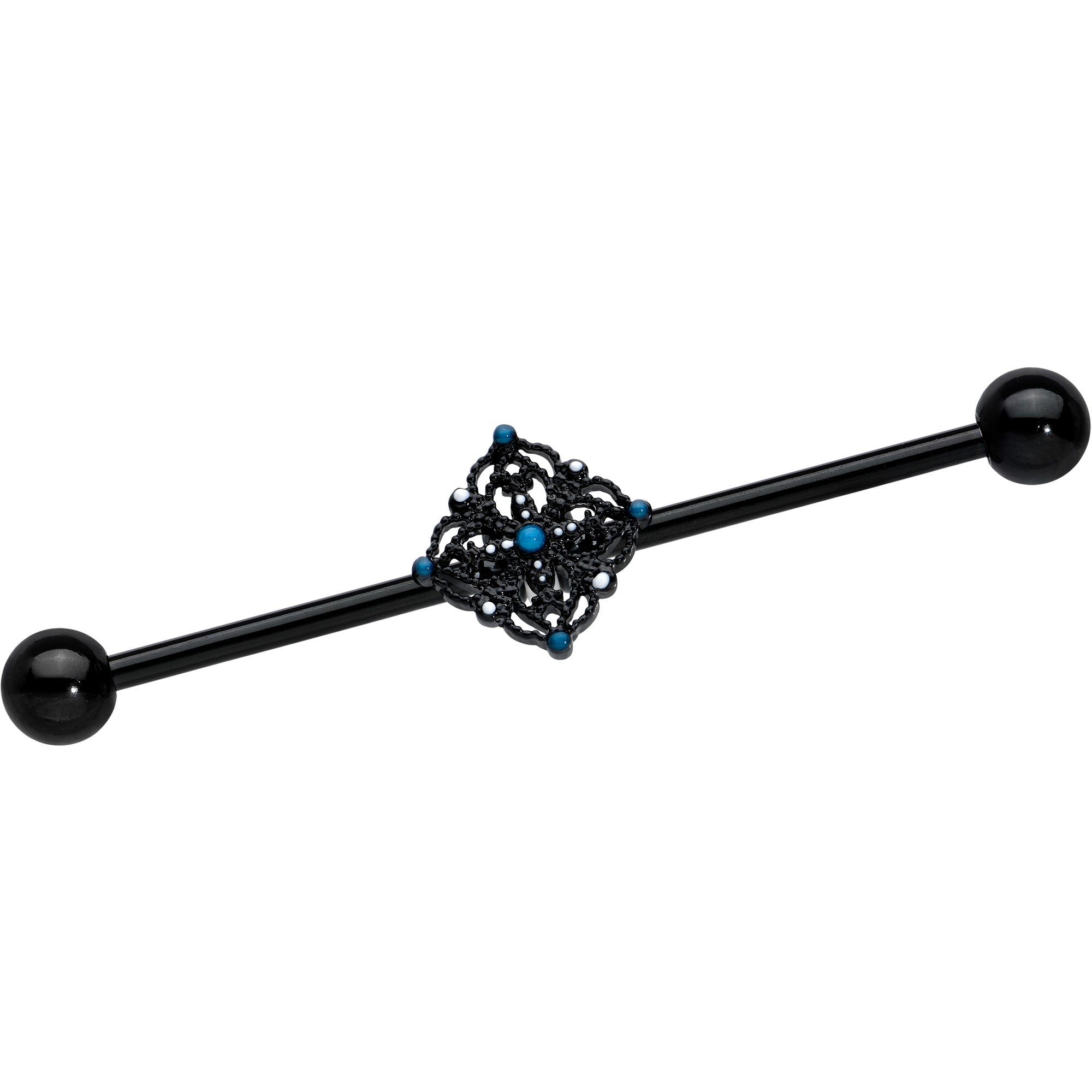 14 Gauge Blue Gem Black Lacy Rhombus Industrial Barbell 38mm