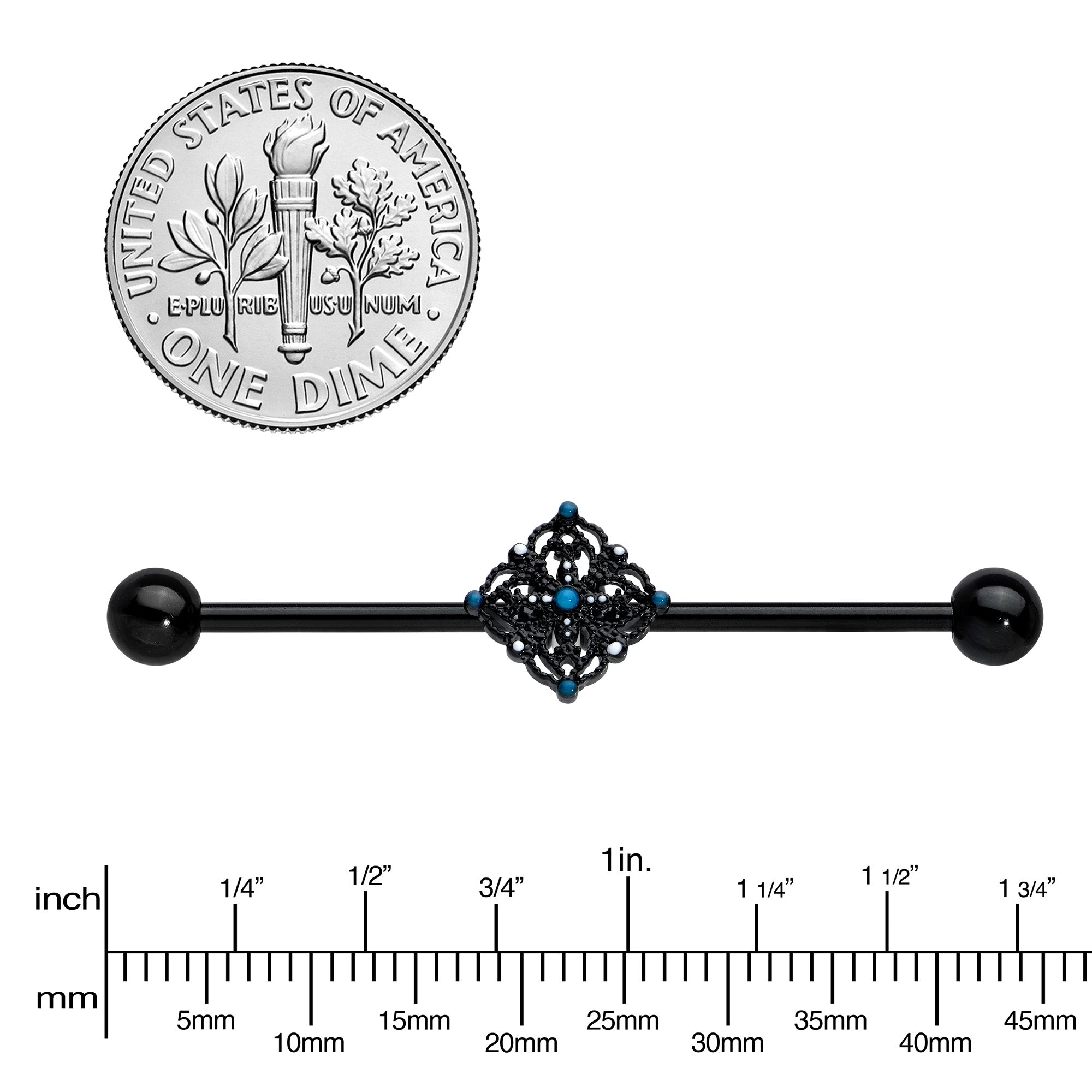 14 Gauge Blue Gem Black Lacy Rhombus Industrial Barbell 38mm