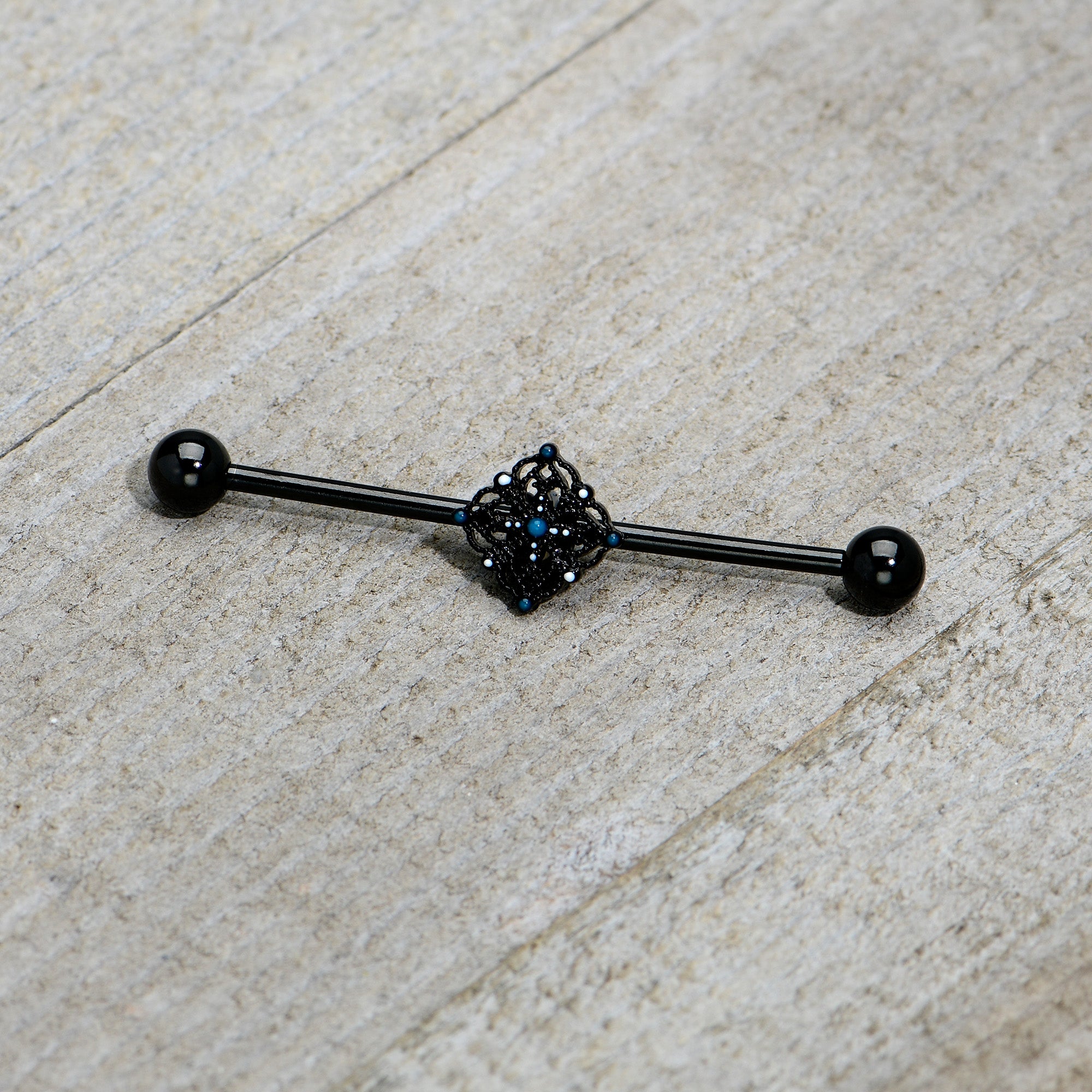 14 Gauge Blue Gem Black Lacy Rhombus Industrial Barbell 38mm