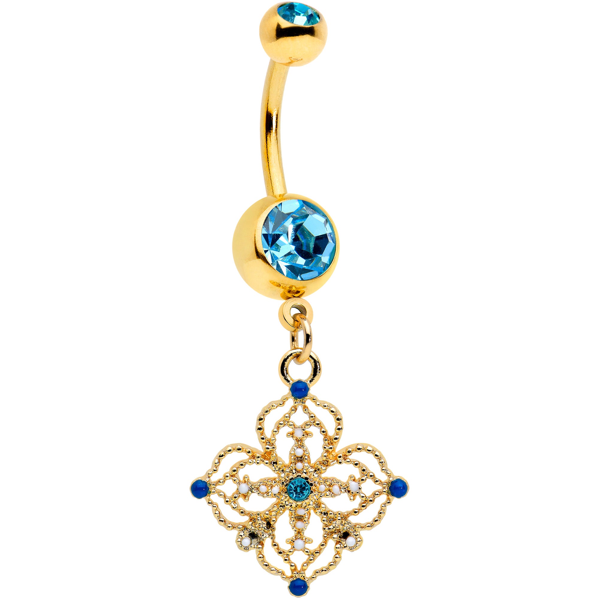 Blue Gem Gold Tone Texture Emblem Dangle Belly Ring