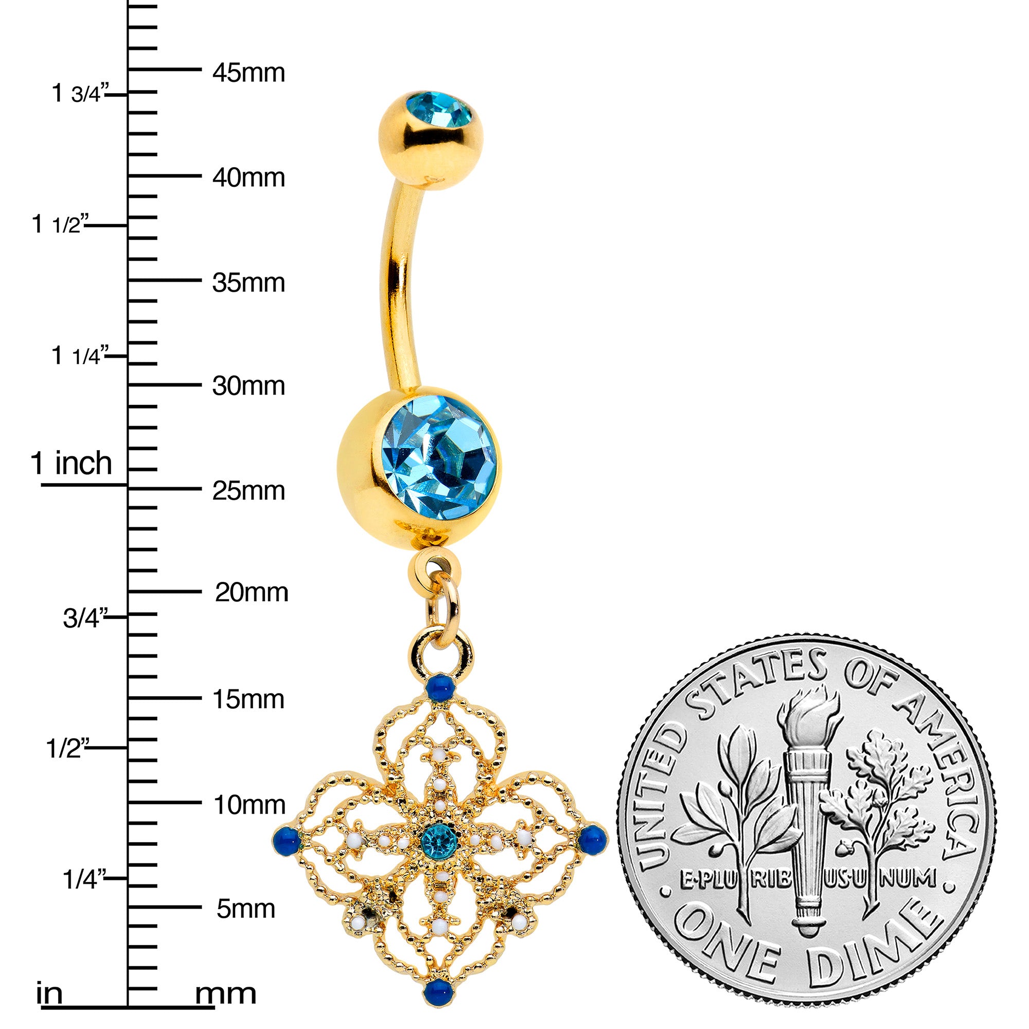 Blue Gem Gold Tone Texture Emblem Dangle Belly Ring