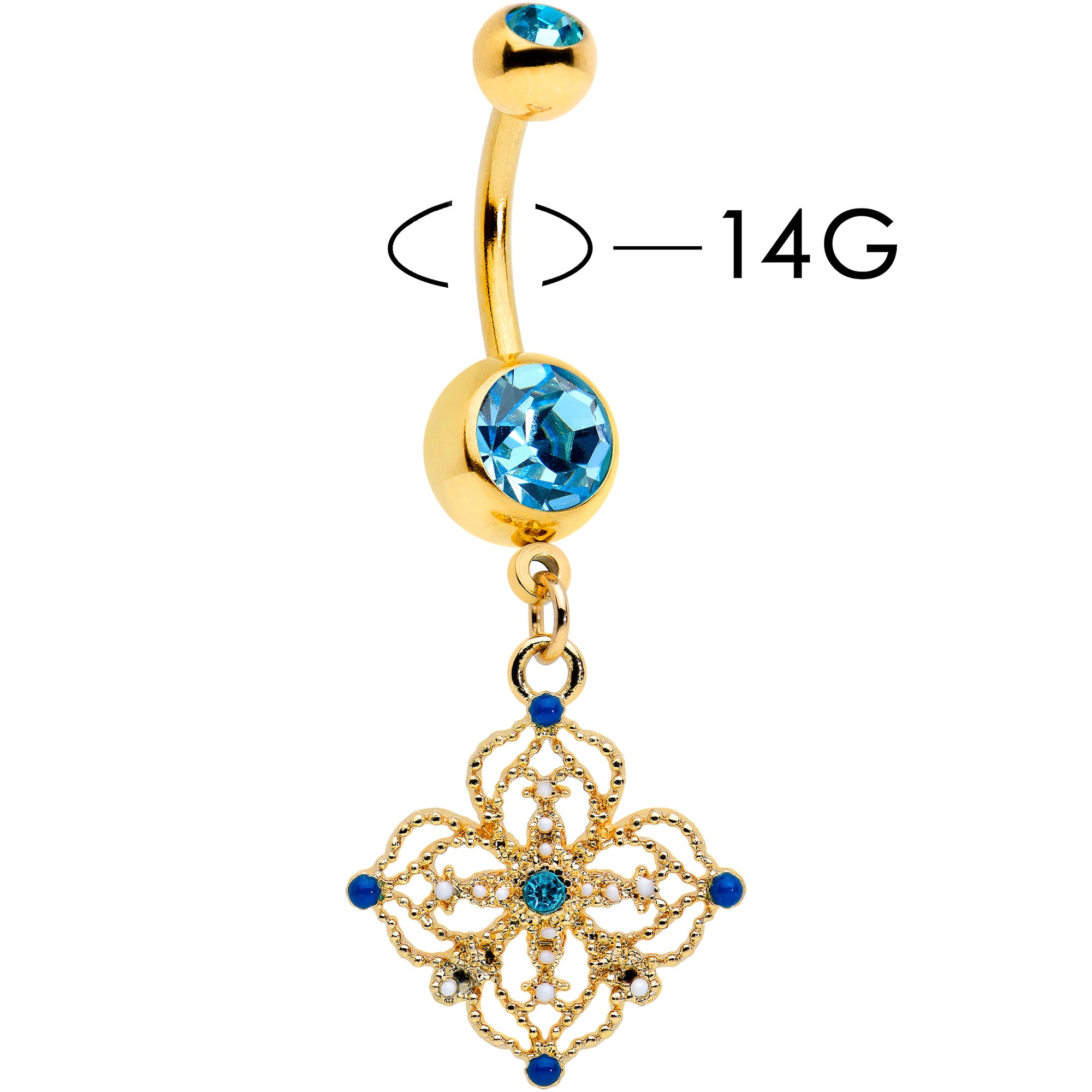 Blue Gem Gold Tone Texture Emblem Dangle Belly Ring