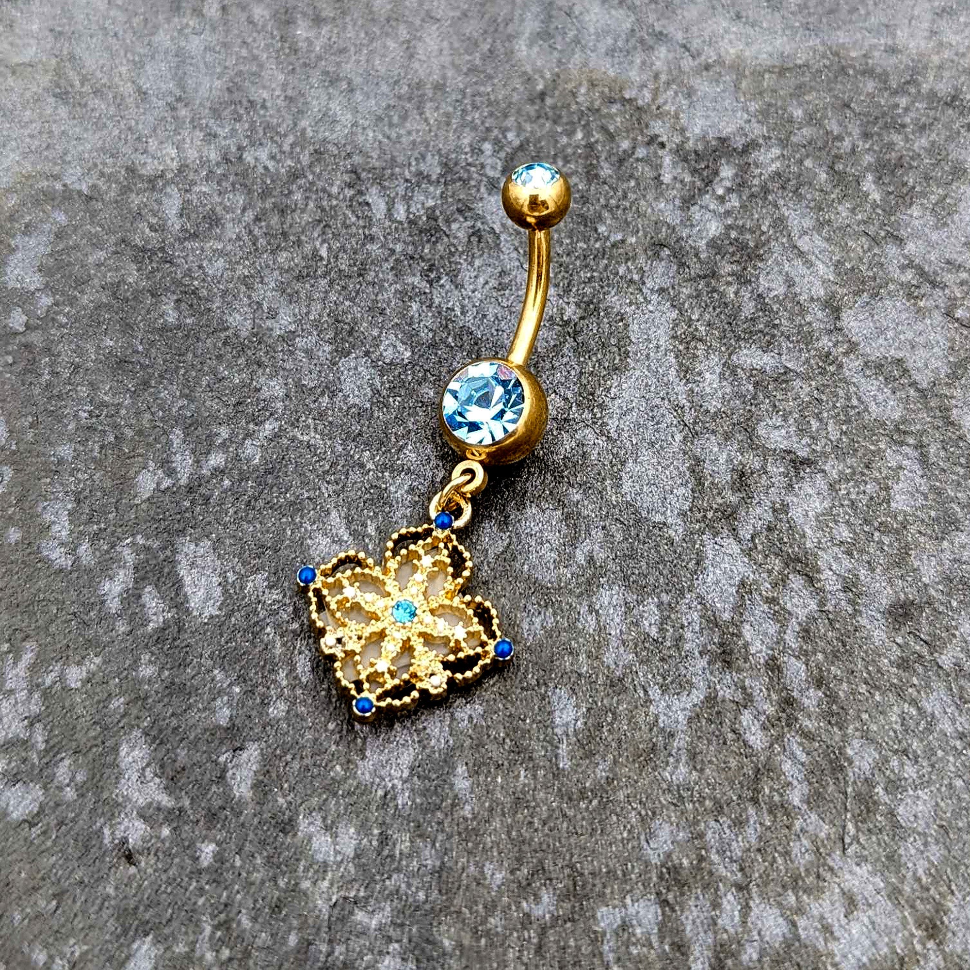 Blue Gem Gold Tone Texture Emblem Dangle Belly Ring