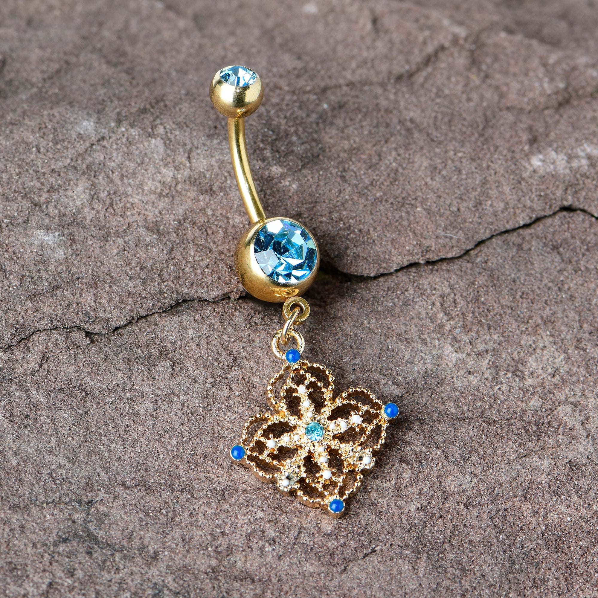 Blue Gem Gold Tone Texture Emblem Dangle Belly Ring