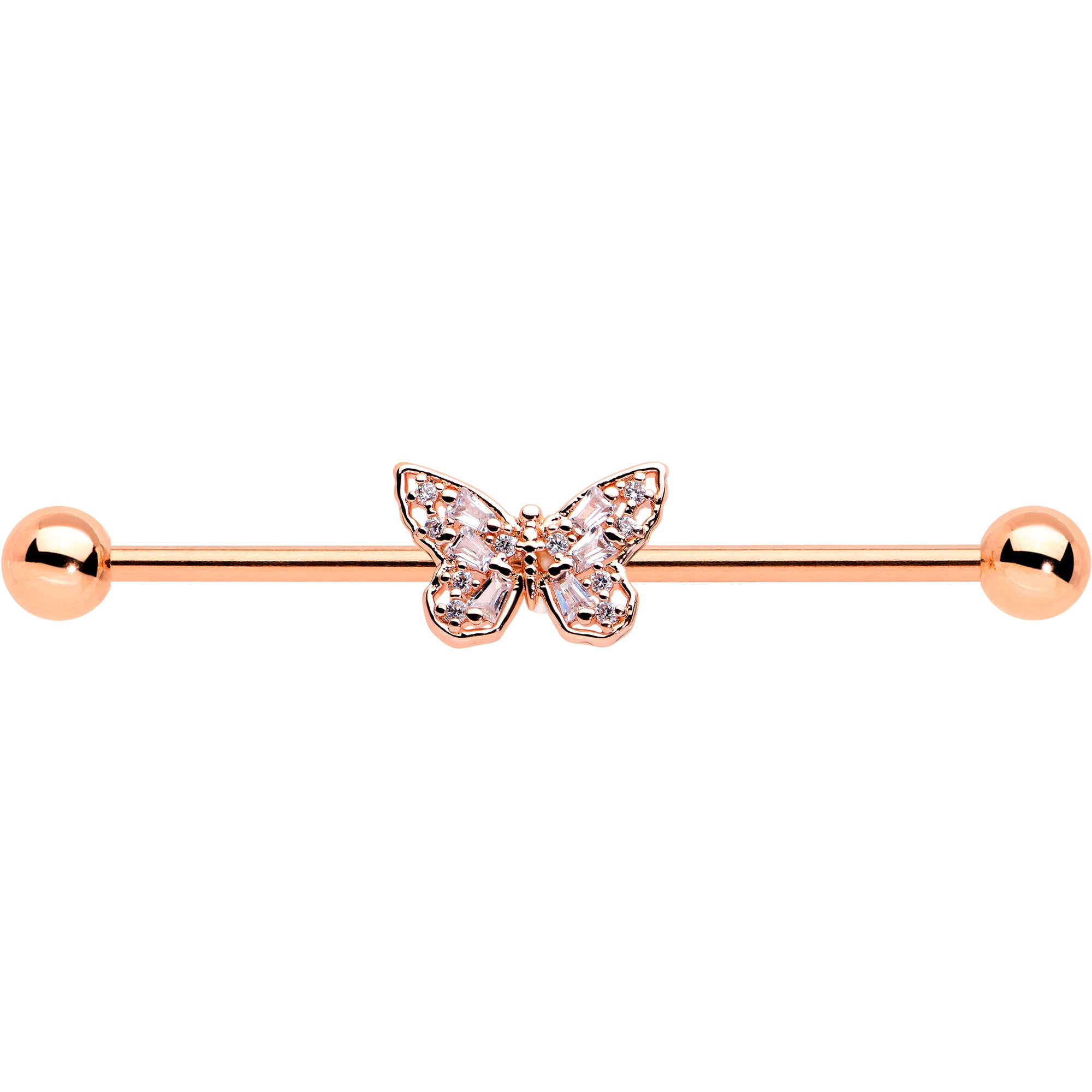 14 Gauge Clear Gem Rosy Tone Baroque Butterfly Industrial Barbell 38mm