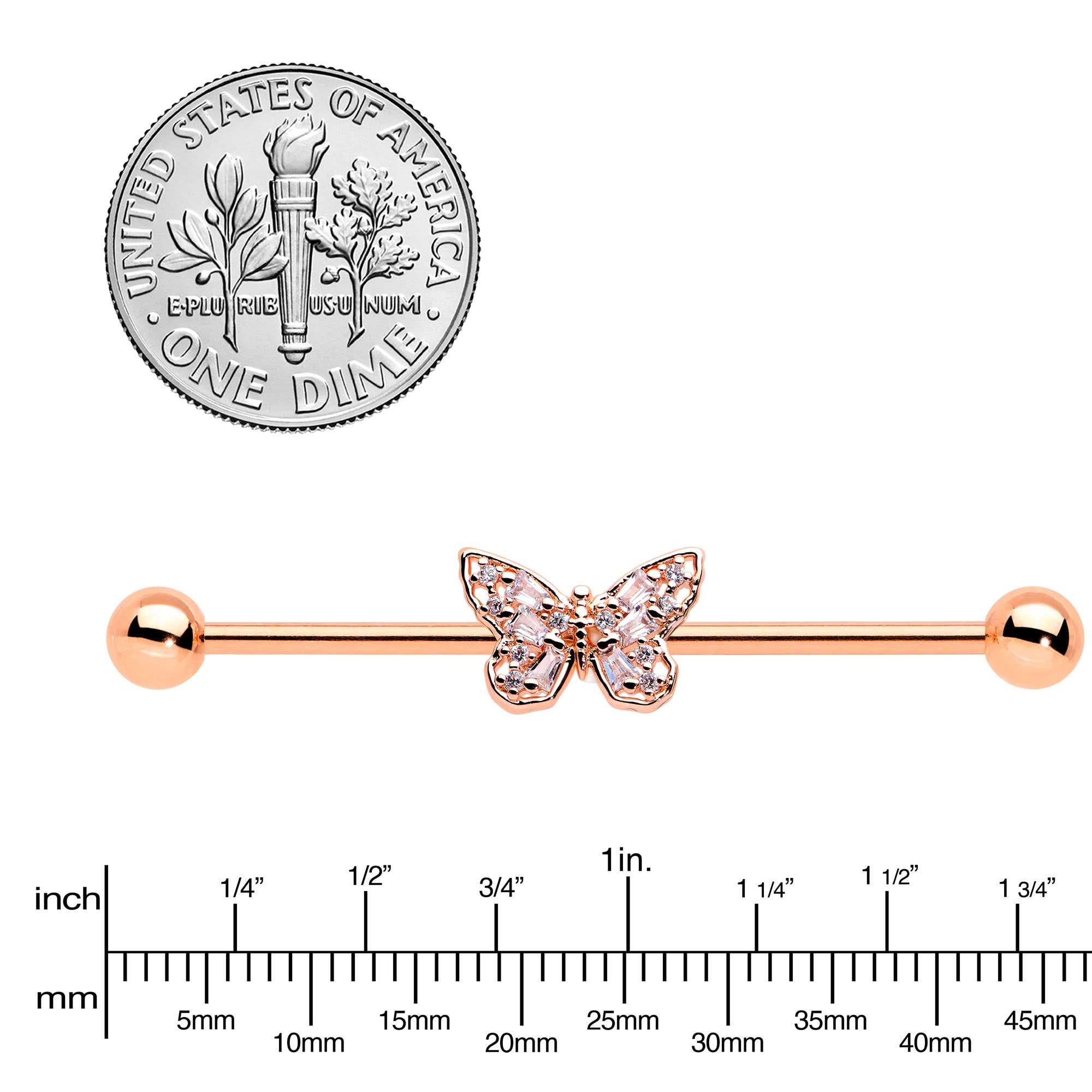 14 Gauge Clear Gem Rosy Tone Baroque Butterfly Industrial Barbell 38mm