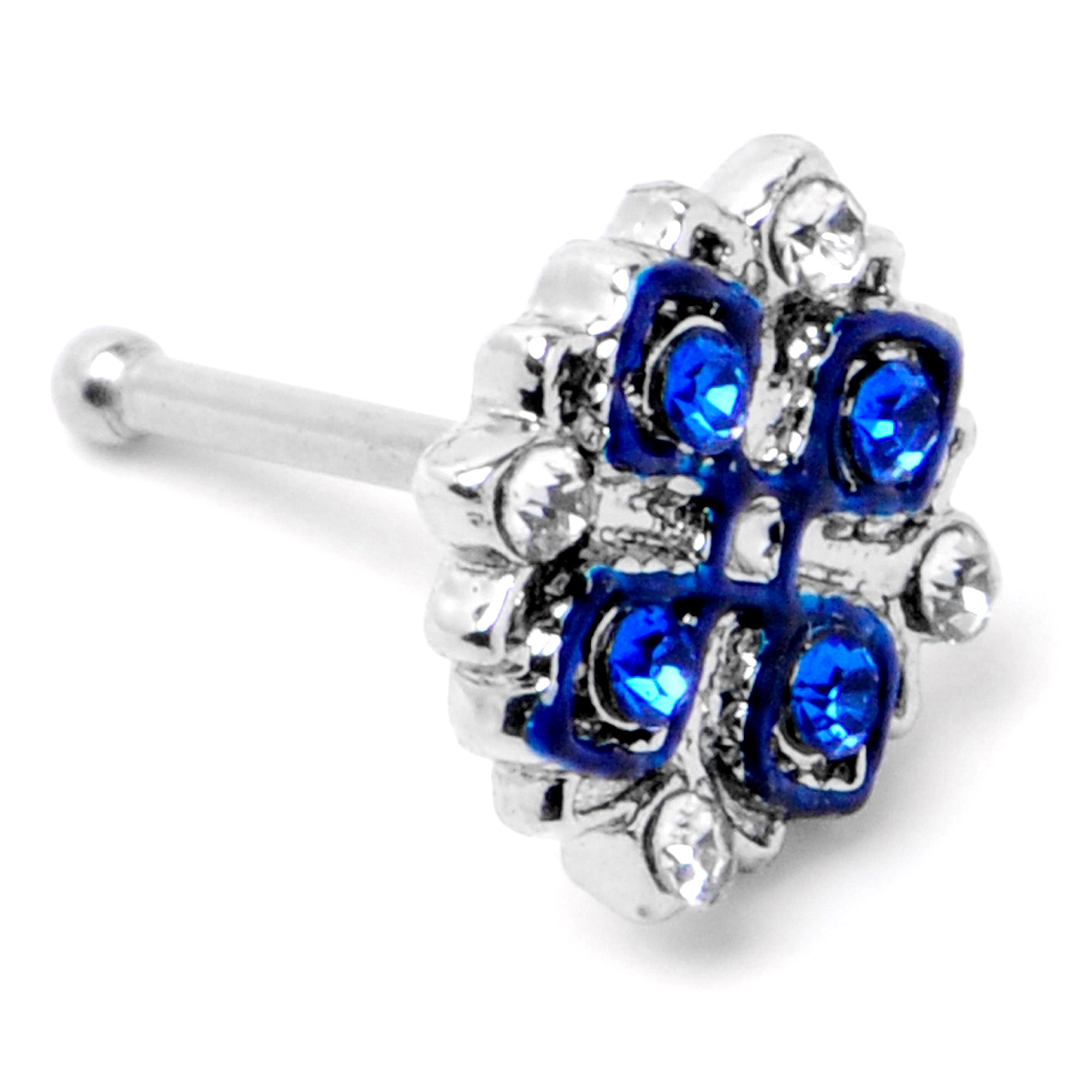 20 Gauge 1/4 Clear Blue Gem Embellished Cross Nose Bone