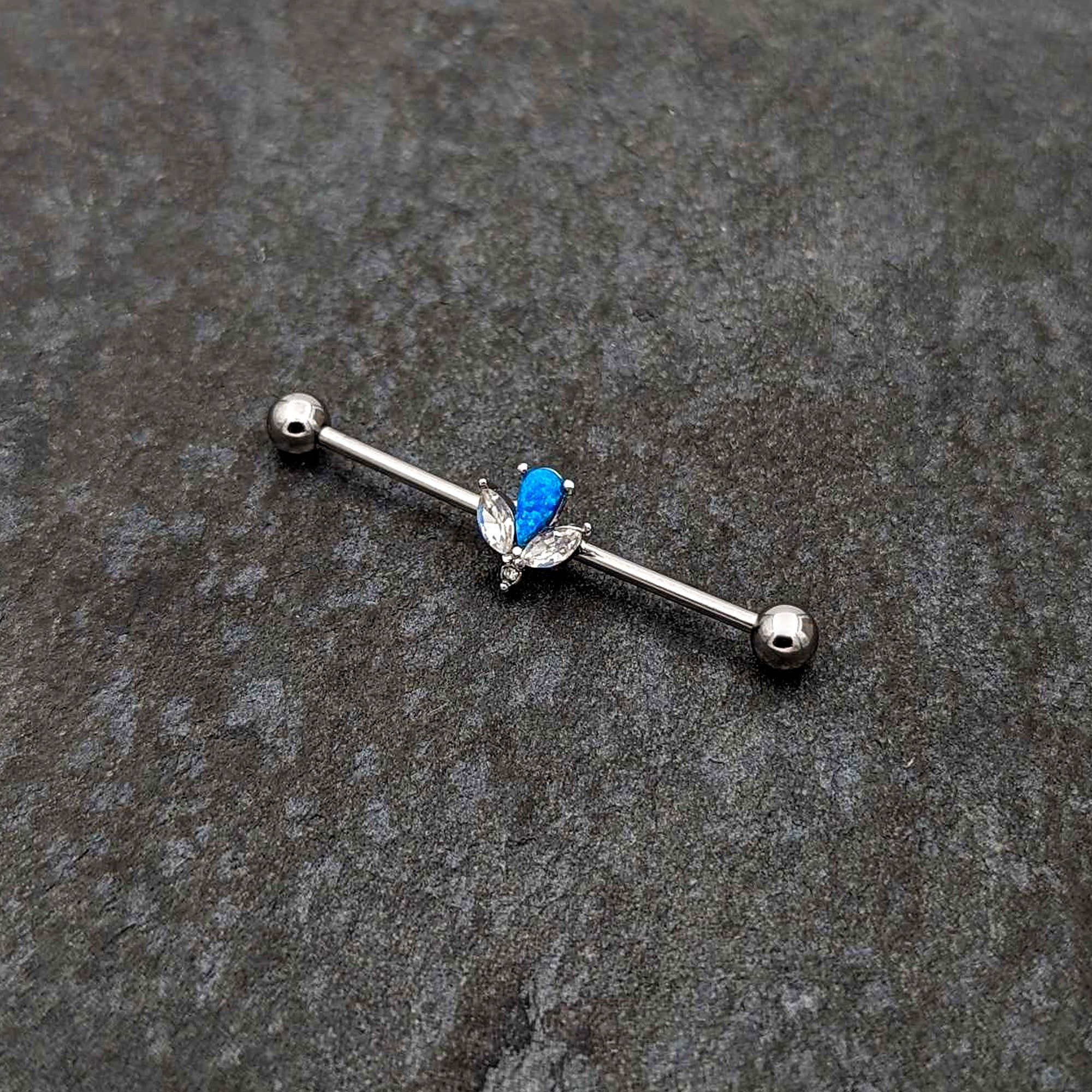 14 Gauge Blue Faux Opal Style Flower Industrial Barbell 38mm