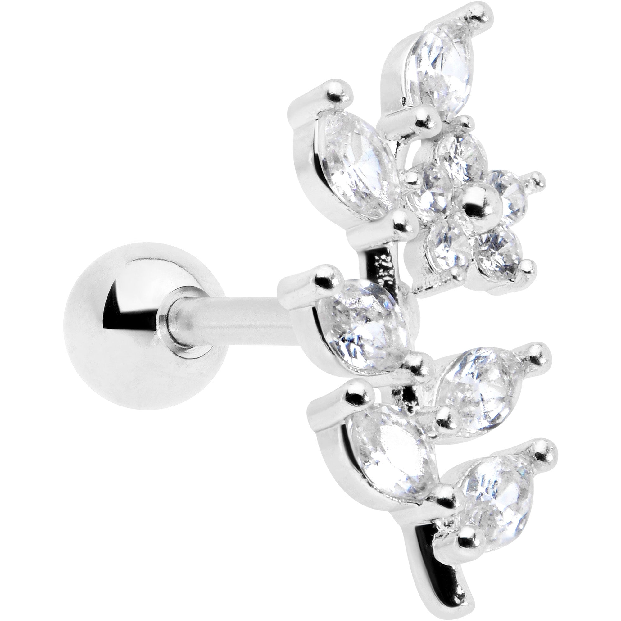 16 Gauge 1/4 Clear CZ Gem Flower And Vine Cartilage Tragus Earring