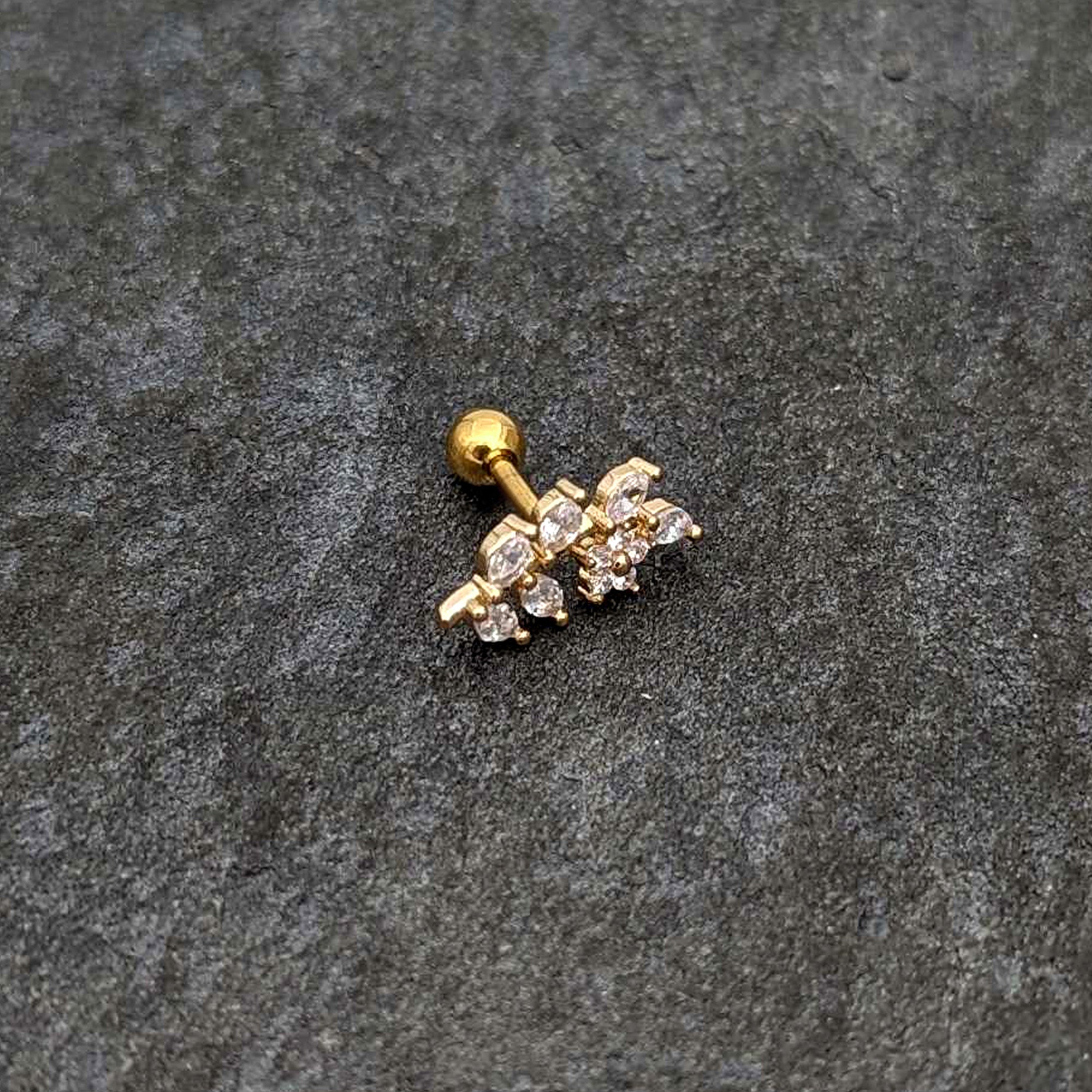 16 Gauge 1/4 Clear CZ Gem Gold Hue Flower Vine Cartilage Tragus Earring