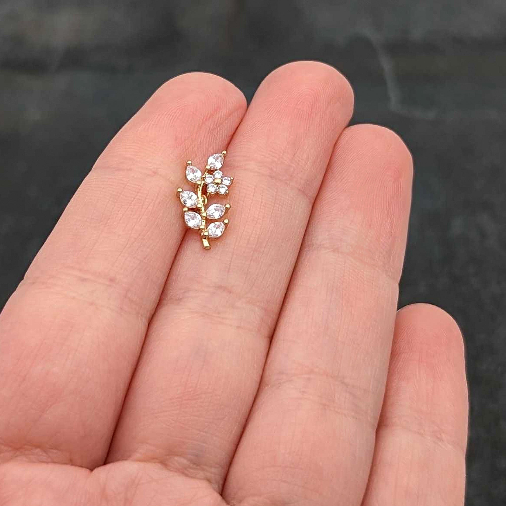 16 Gauge 1/4 Clear CZ Gem Gold Hue Flower Vine Cartilage Tragus Earring