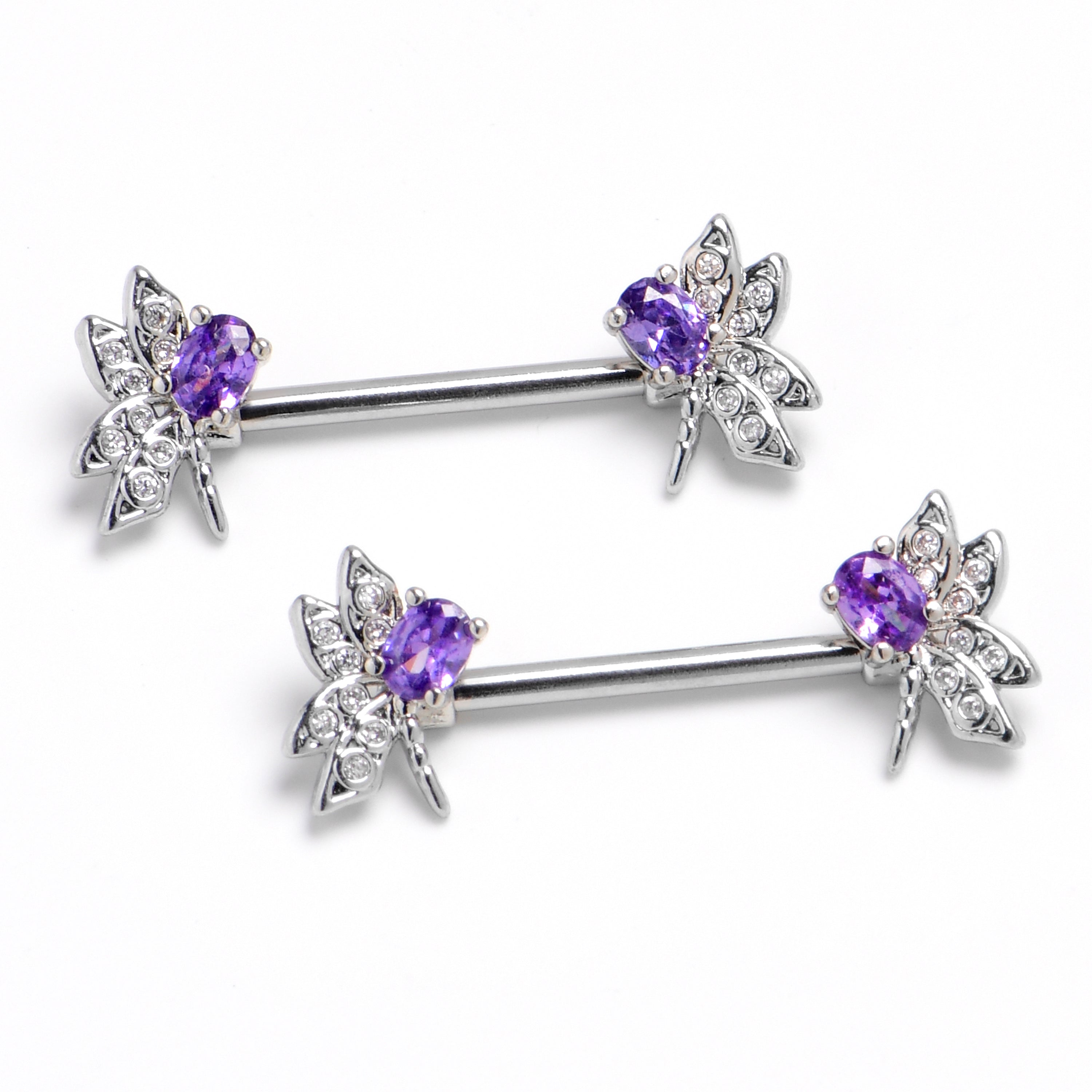 14 Gauge 9/16 Purple Gem Divine Dragonfly Barbell Nipple Ring Set