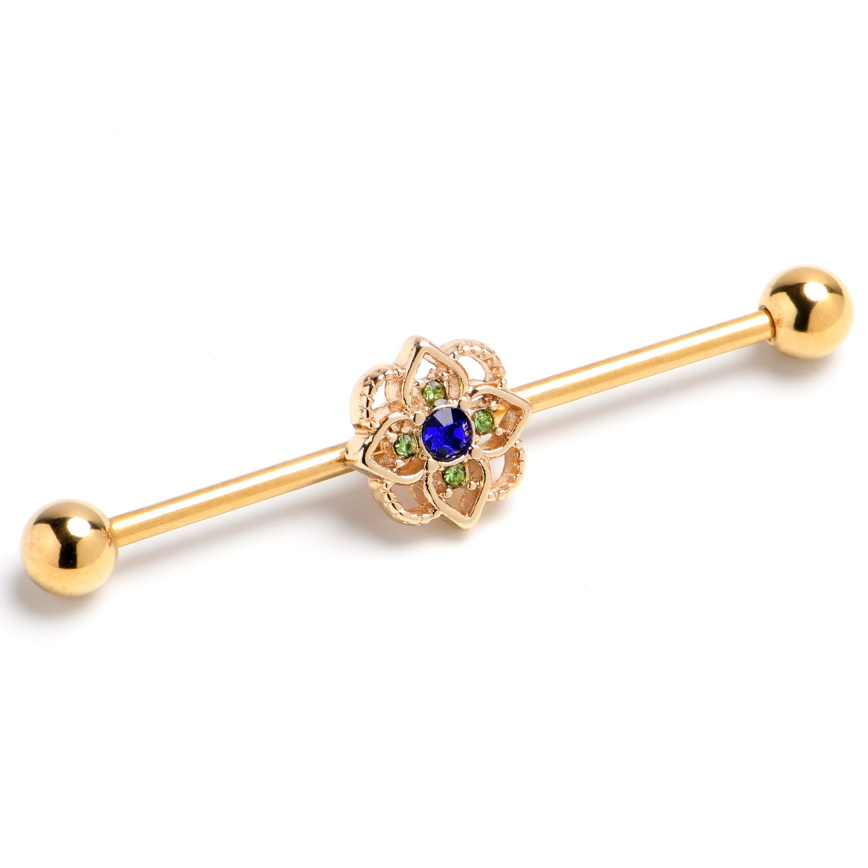 14 Gauge Blue Gem Gold Tone Celtic Style Industrial Barbell 38mm