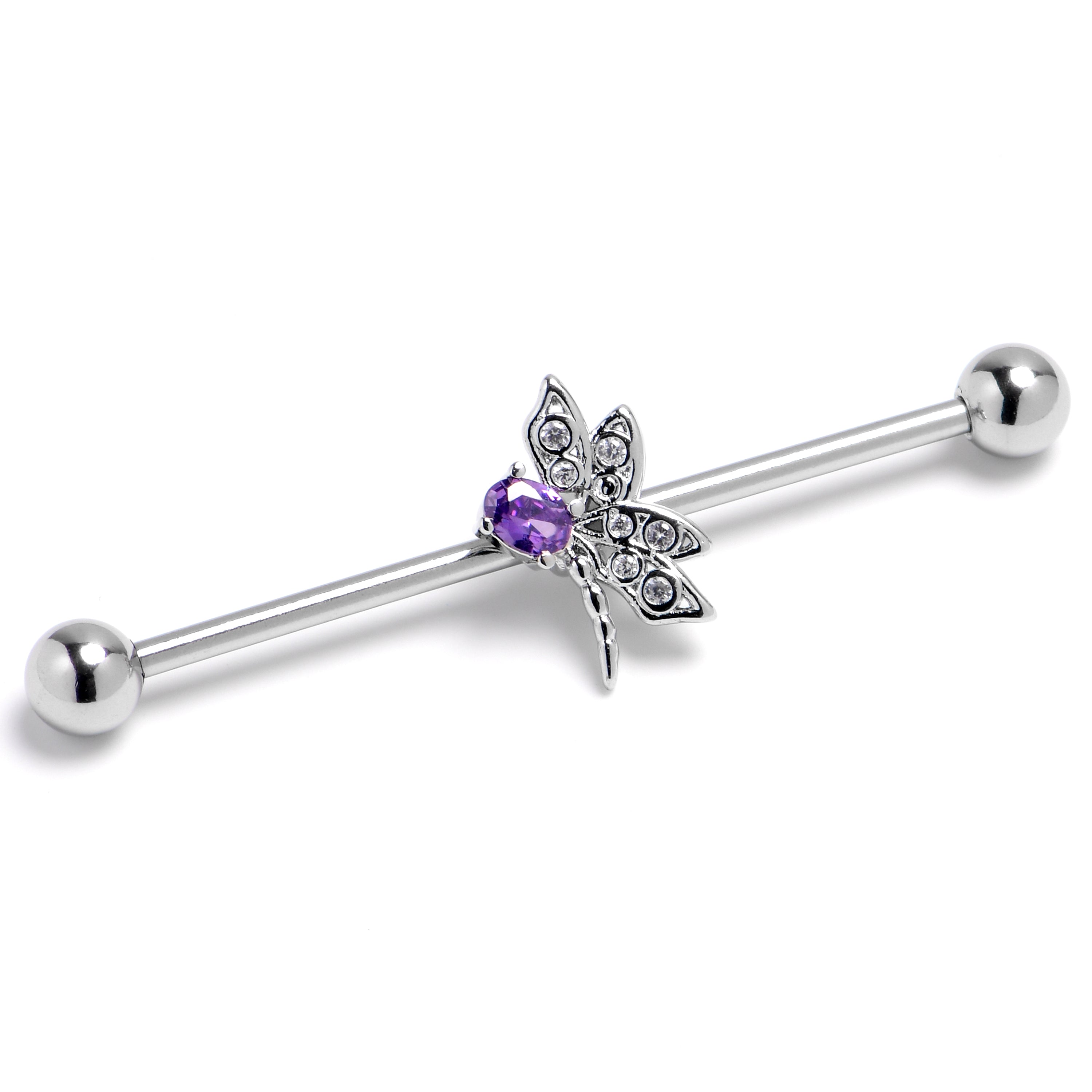 14 Gauge Purple Gem Divine Dragonfly Industrial Barbell 38mm