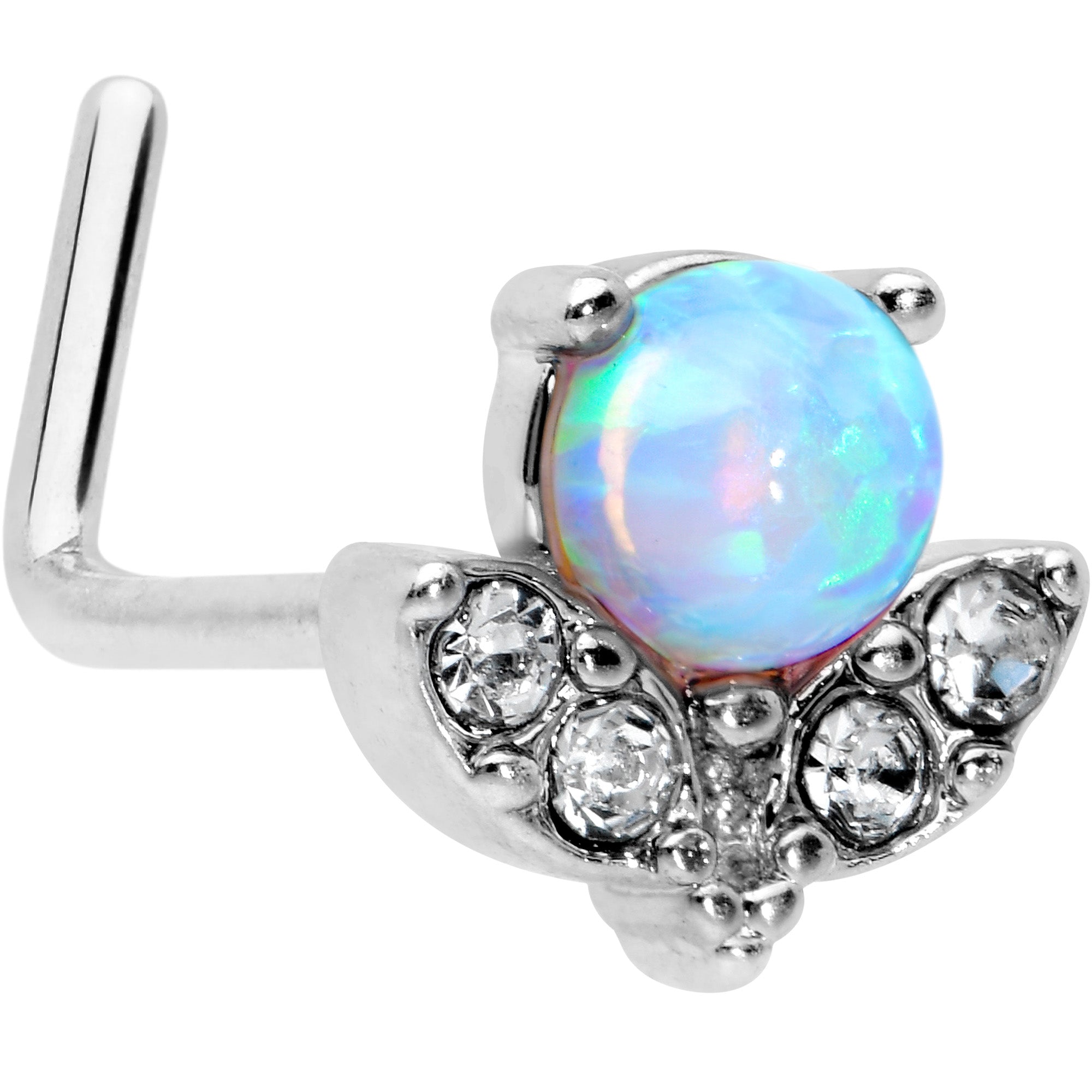 20 Gauge 7mm White Synthetic Opal Style Flower L Shape Nose Ring