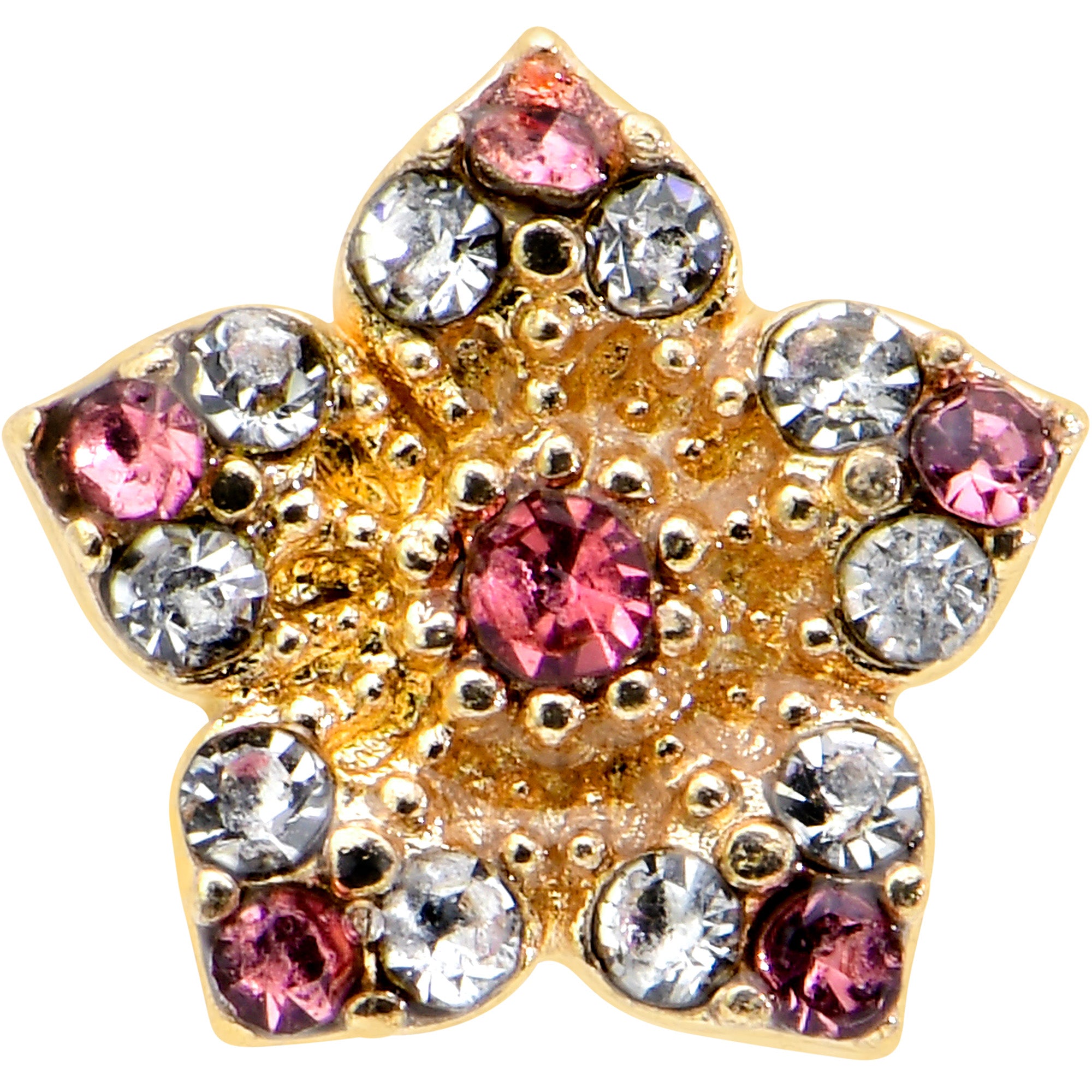 16 Gauge 1/4 Pink Clear Gem Gold Tone Texture Star Cartilage Earring