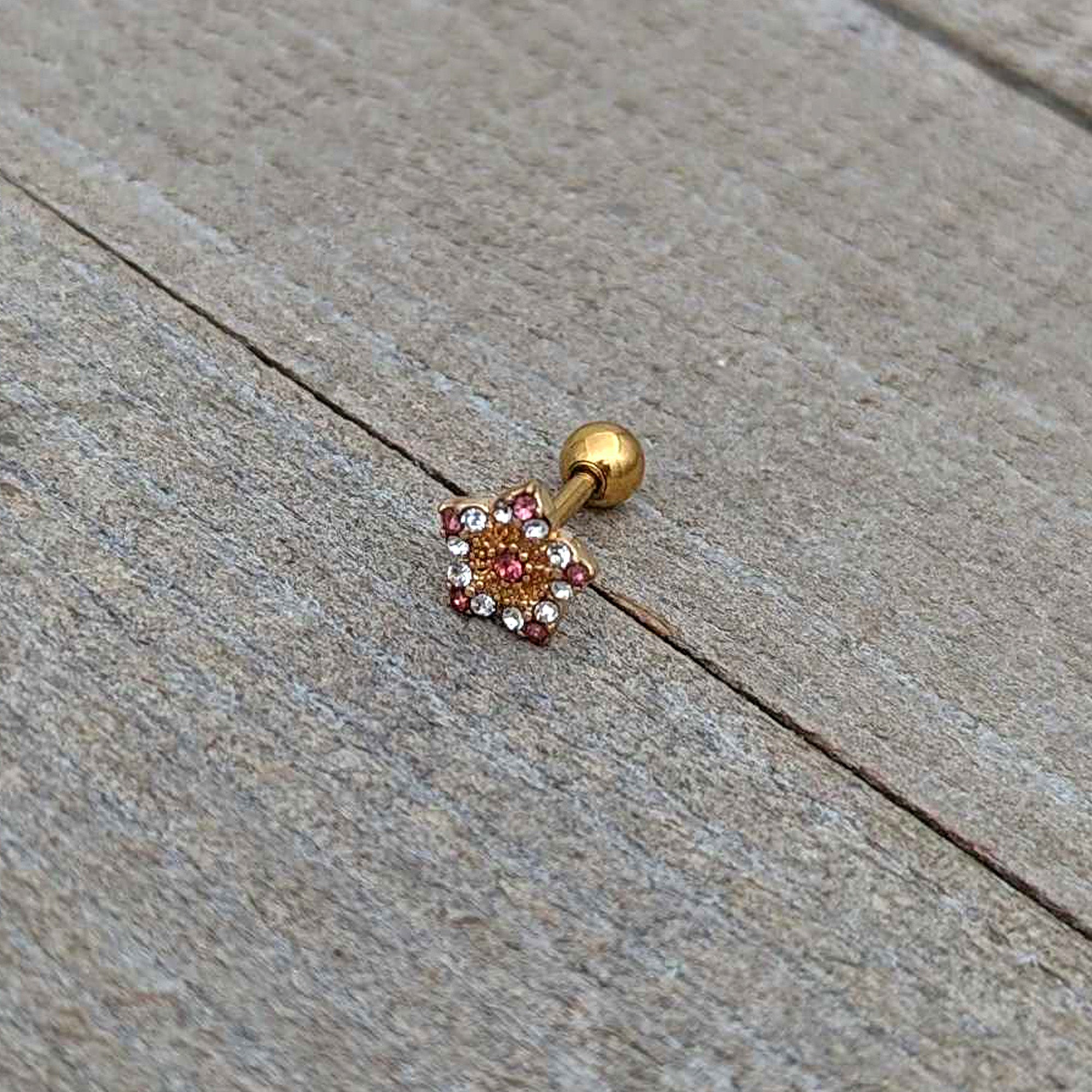 16 Gauge 1/4 Pink Clear Gem Gold Tone Texture Star Cartilage Earring