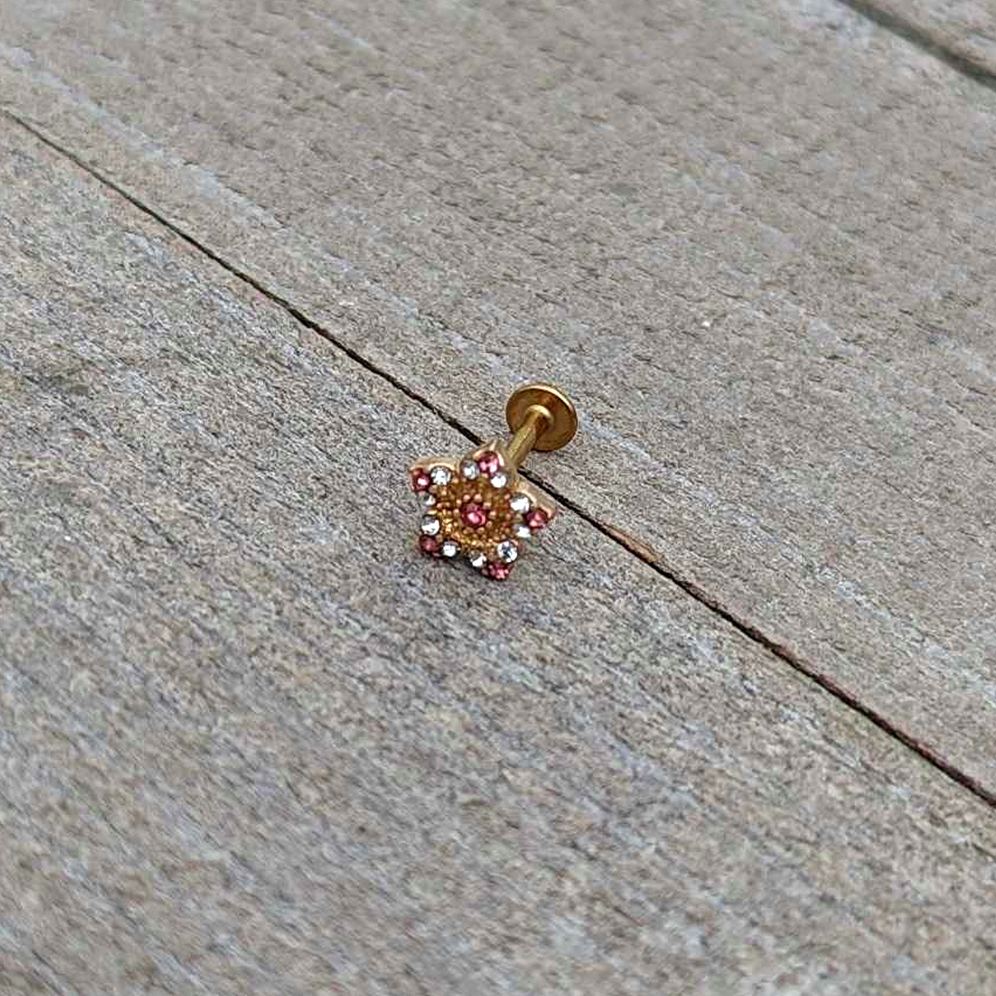 16 Gauge 5/16 Pink Gem Gold Tone Texture Star Labret Monroe Tragus