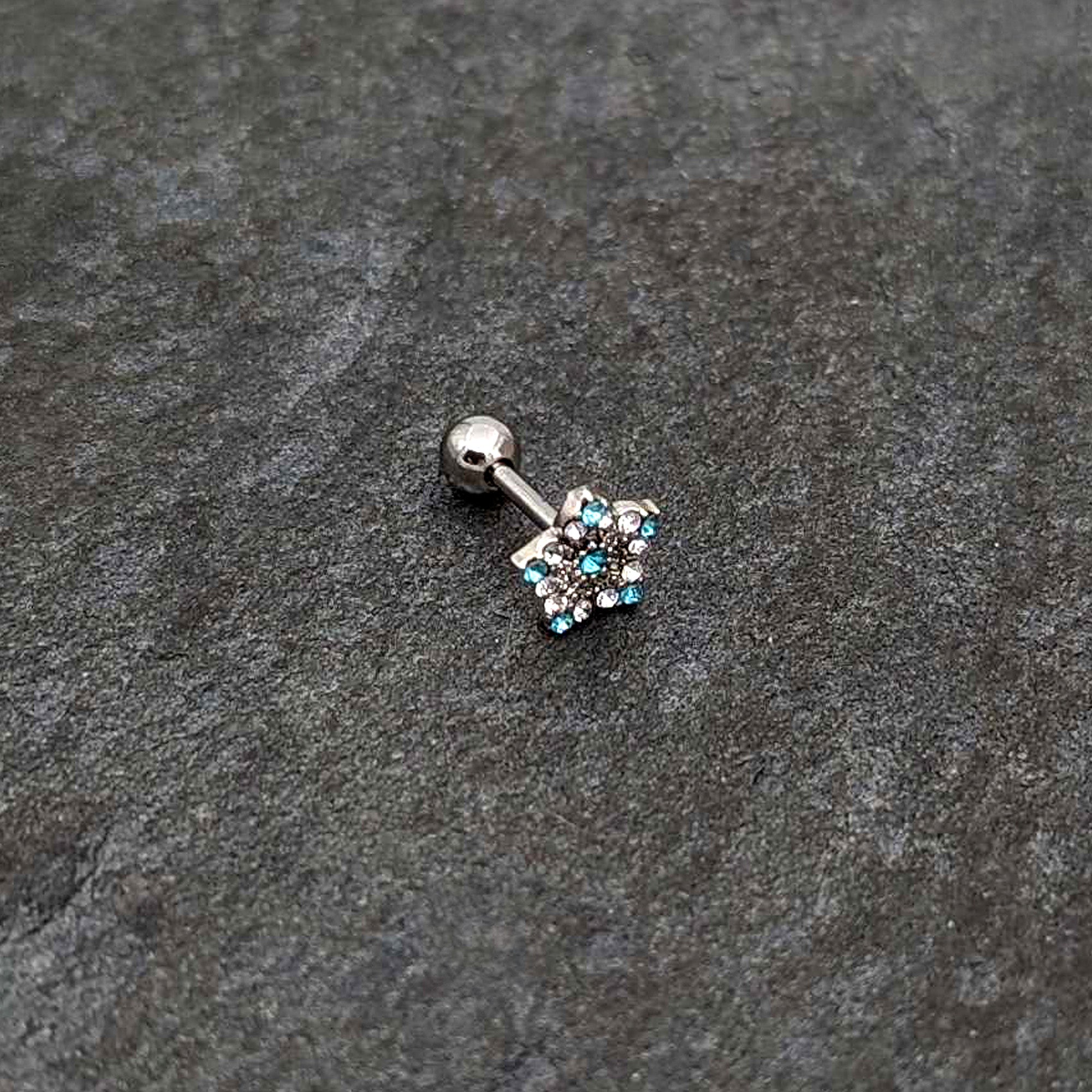 16 Gauge 1/4 Blue Clear Gem Opulent Flower Cartilage Tragus Earring