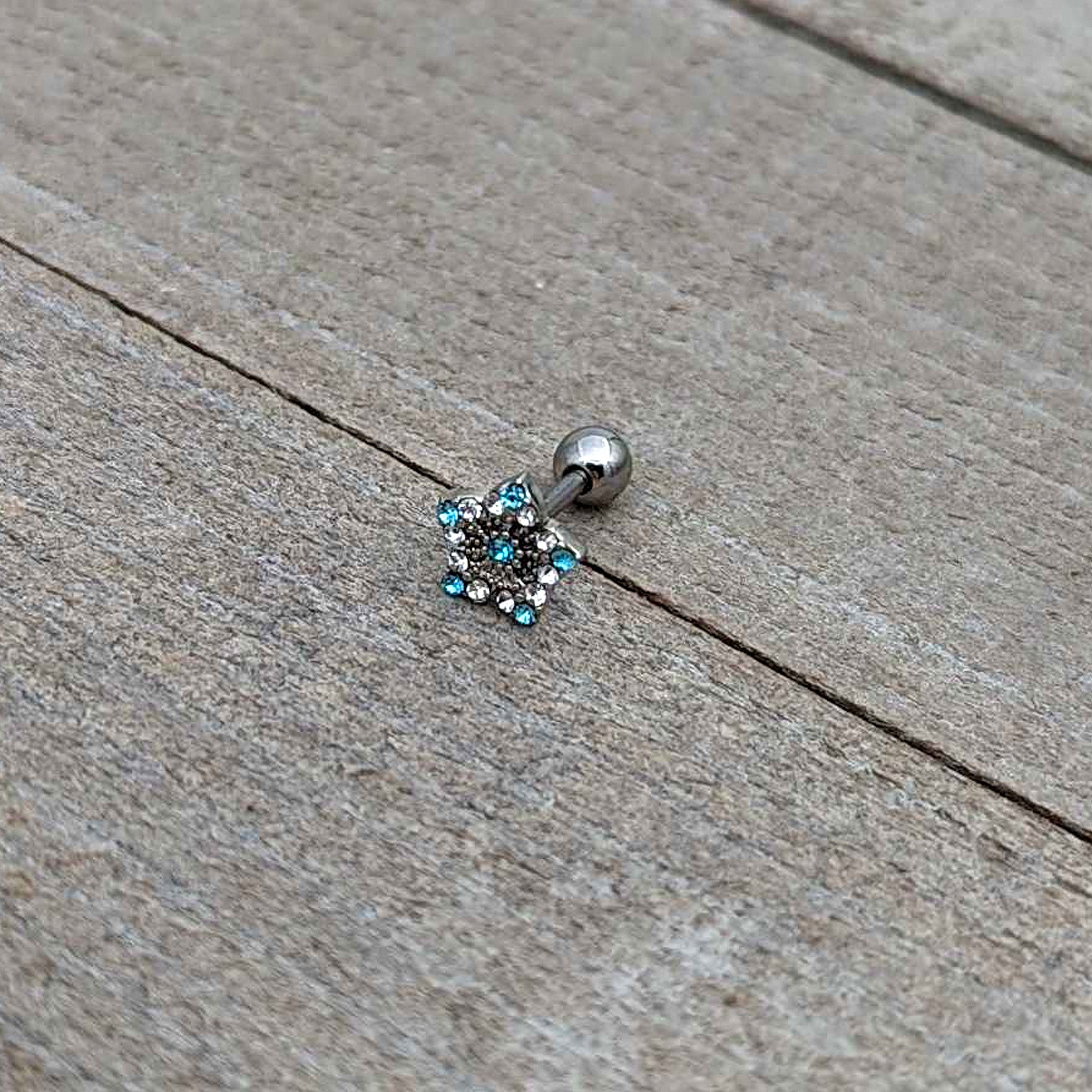 16 Gauge 1/4 Blue Clear Gem Opulent Flower Cartilage Tragus Earring