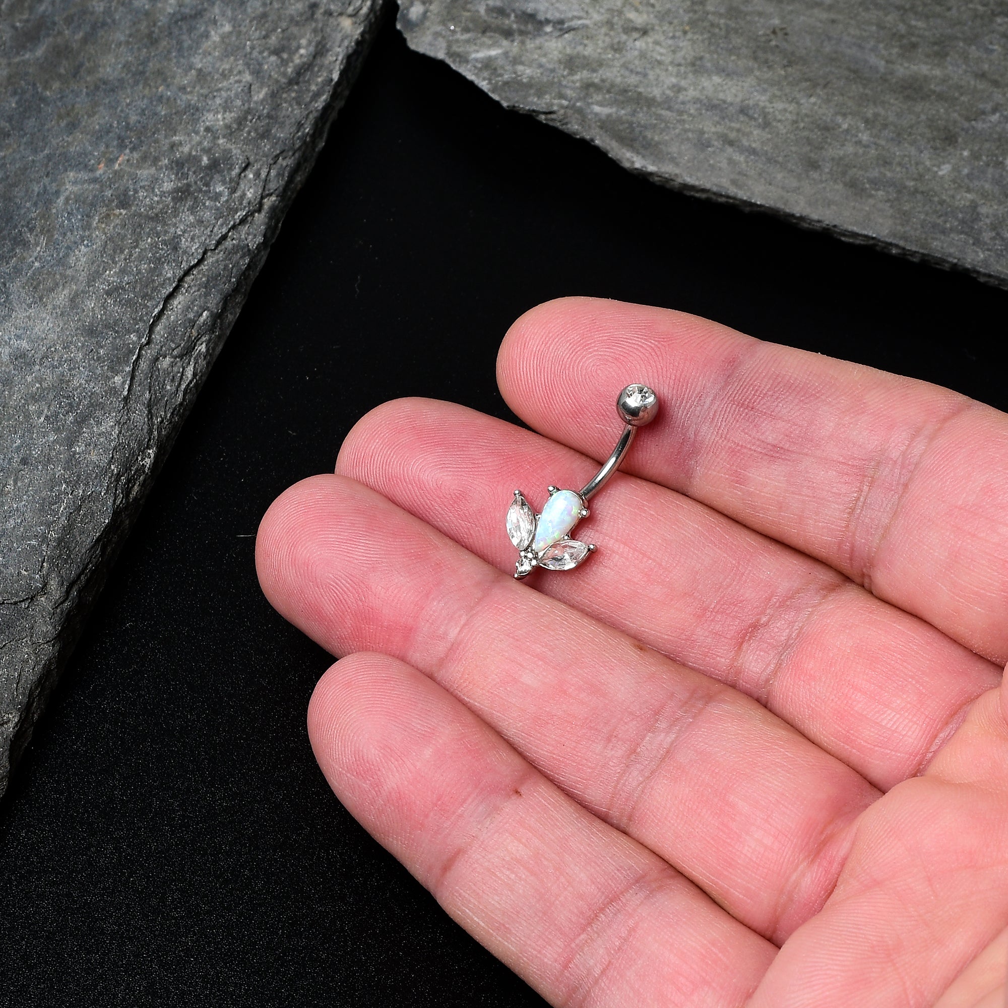 White Faux Opal Drop Flower Belly Ring