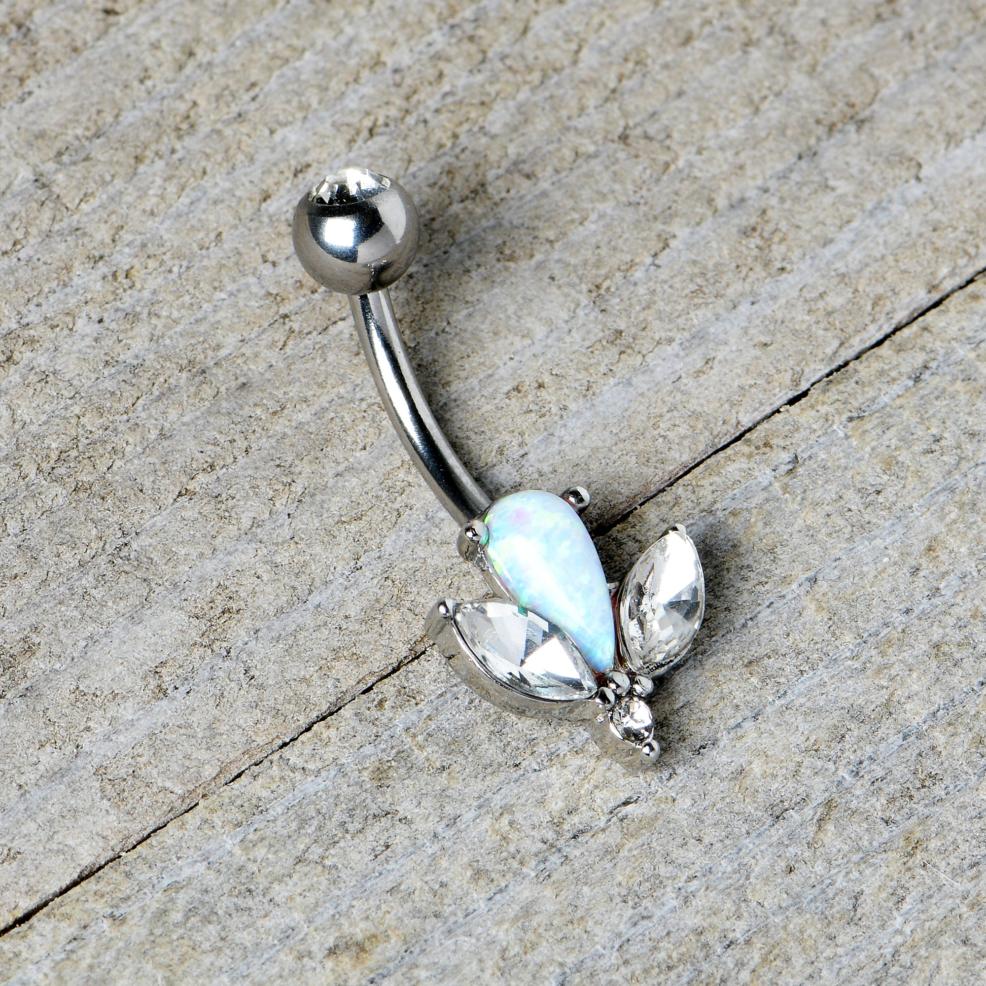 White Faux Opal Drop Flower Belly Ring