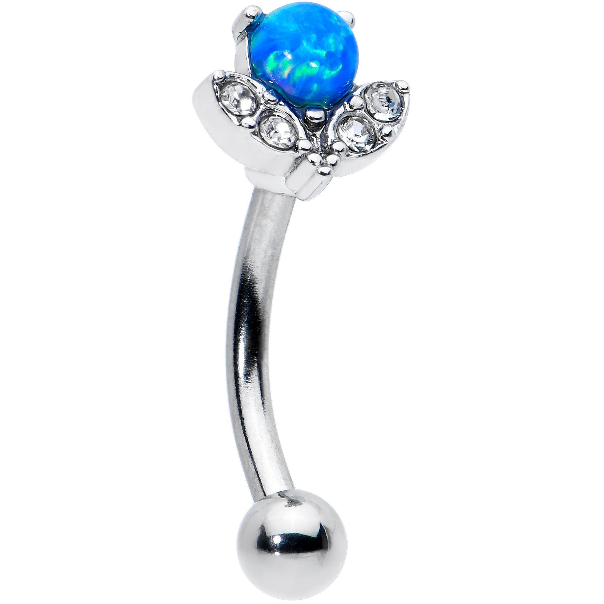 16 Gauge 5/16 Clear Gem Blue Faux Opal Style Flower Curved Eyebrow Ring