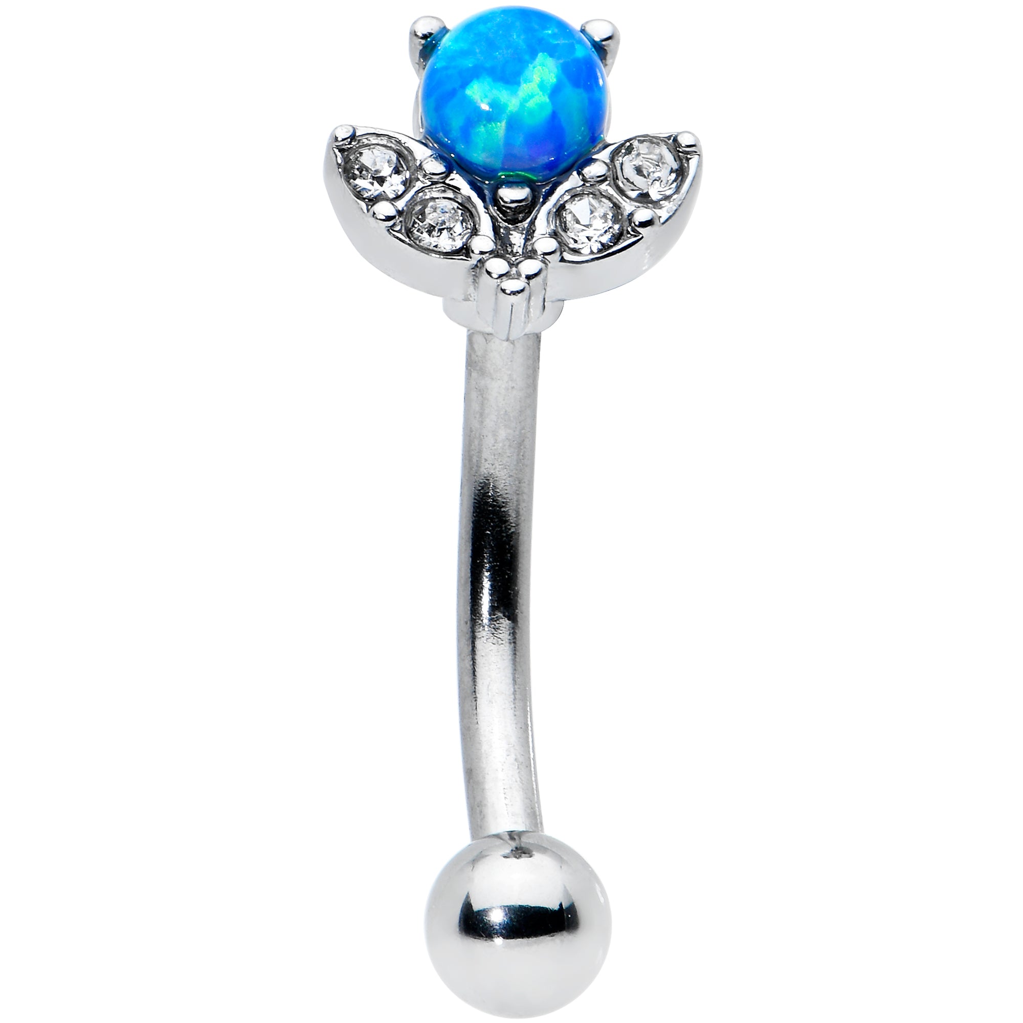 16 Gauge 5/16 Clear Gem Blue Faux Opal Style Flower Curved Eyebrow Ring