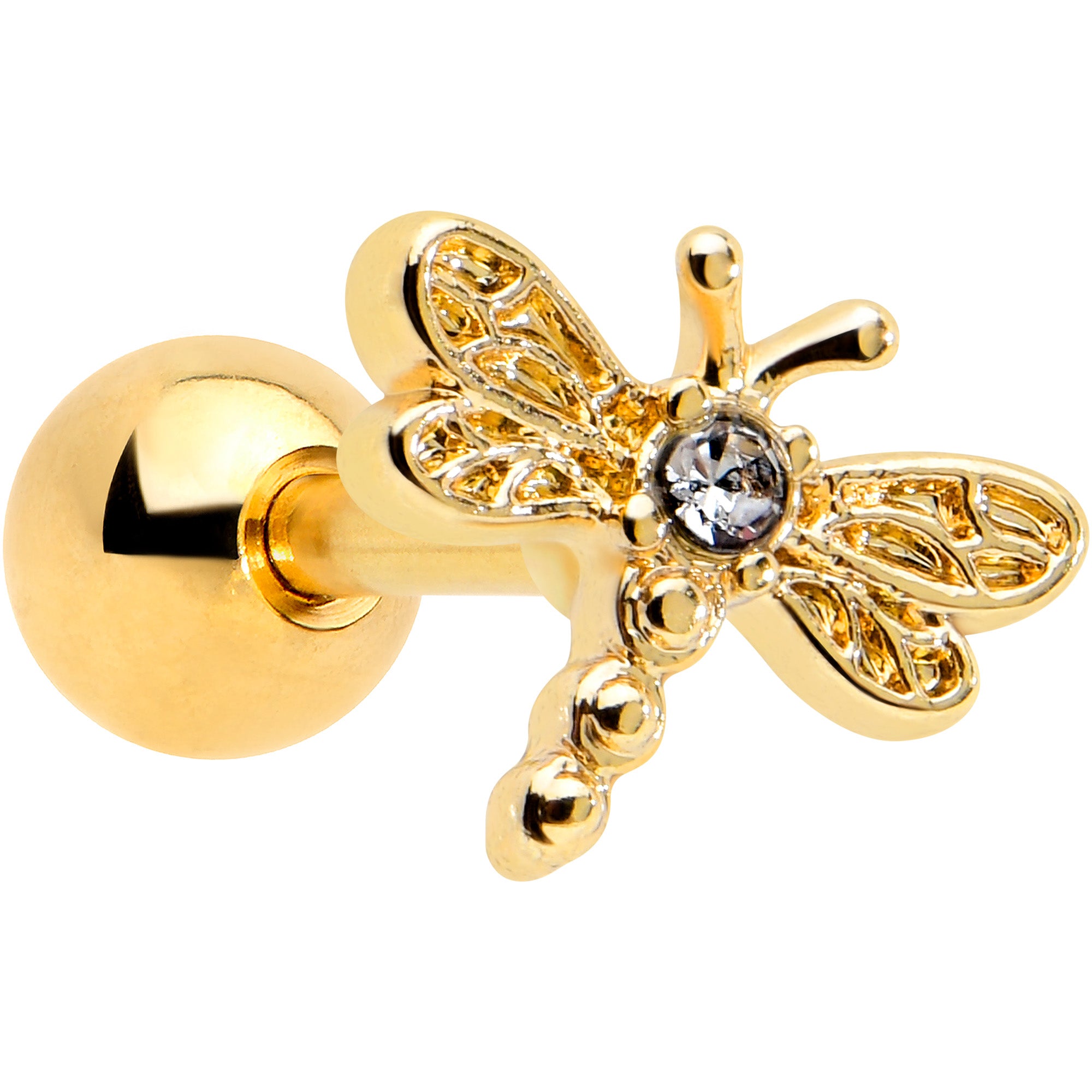 16 Gauge 1/4 Clear Gem Gold Tone Flying Dragonfly Cartilage Earring