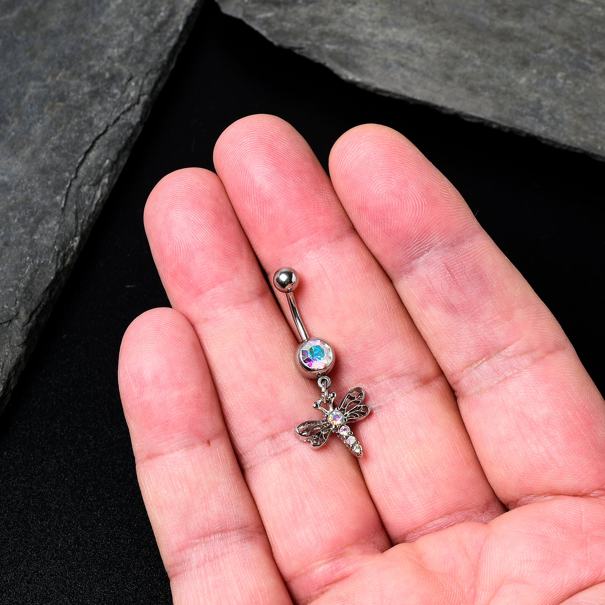 Aurora Gem Ornate Dragonfly Dangle Belly Ring