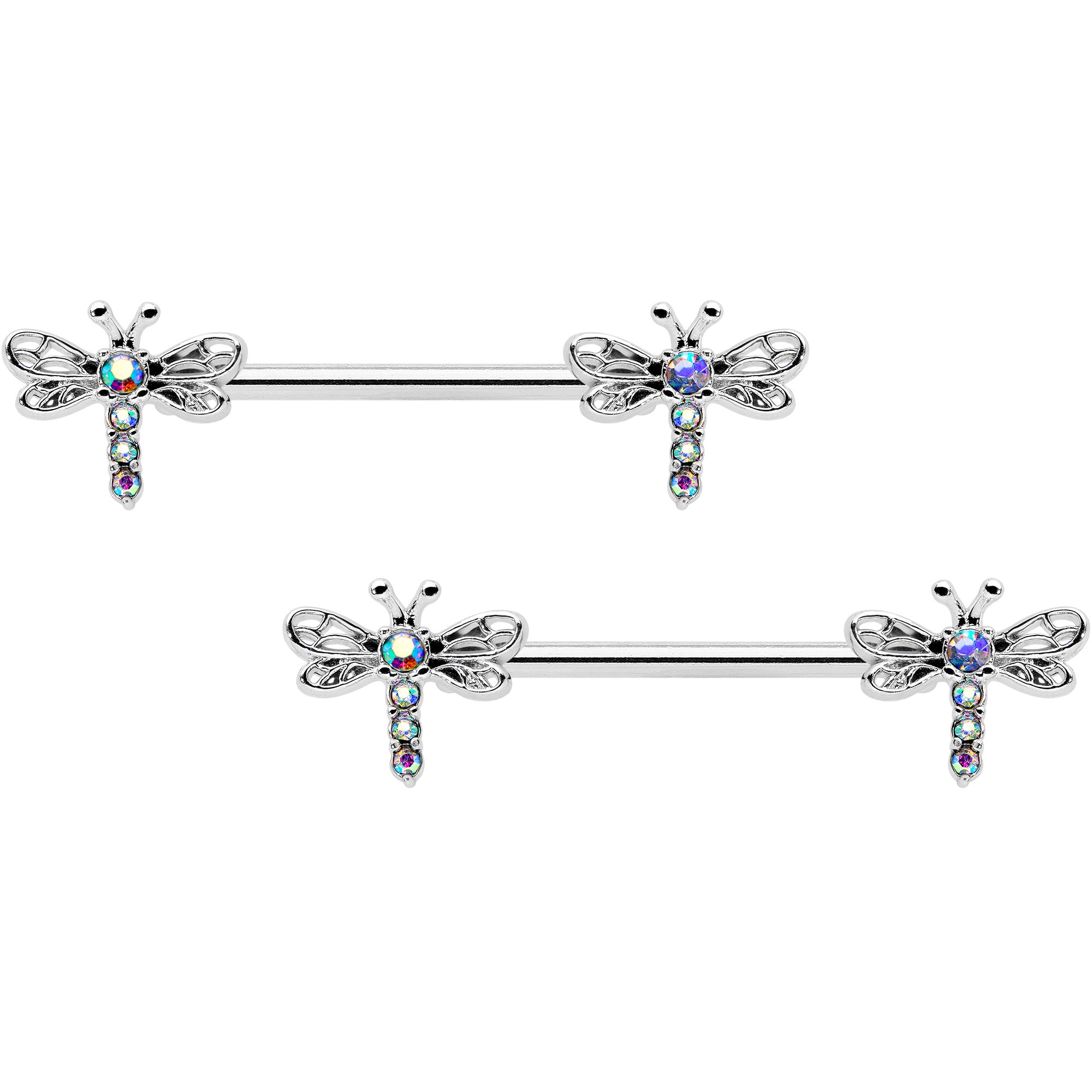 14 Gauge 9/16 Aurora Gem Ornate Dragonflies Barbell Nipple Ring Set