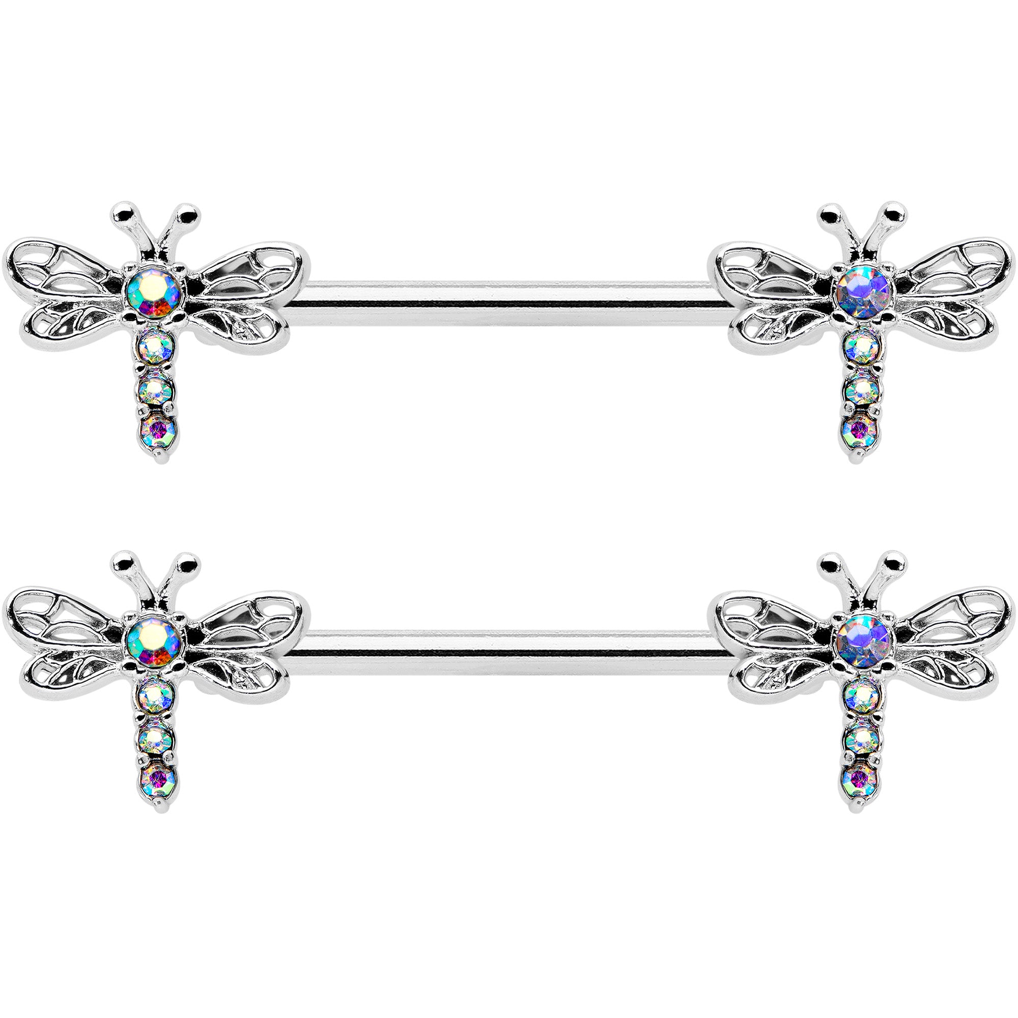 14 Gauge 9/16 Aurora Gem Ornate Dragonflies Barbell Nipple Ring Set