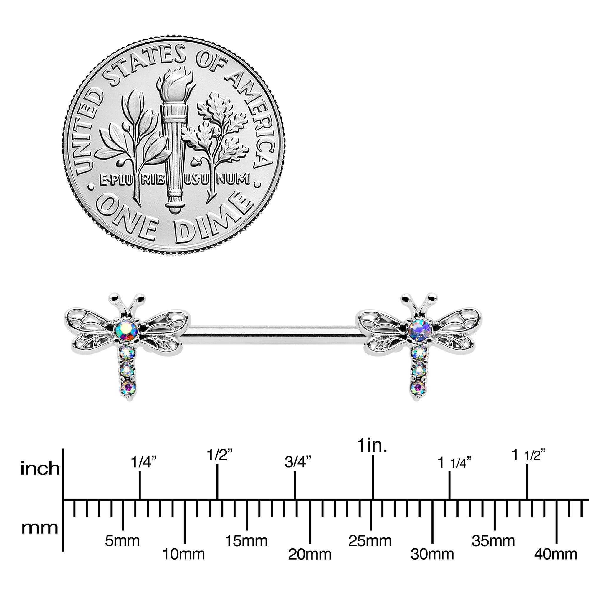 14 Gauge 9/16 Aurora Gem Ornate Dragonflies Barbell Nipple Ring Set