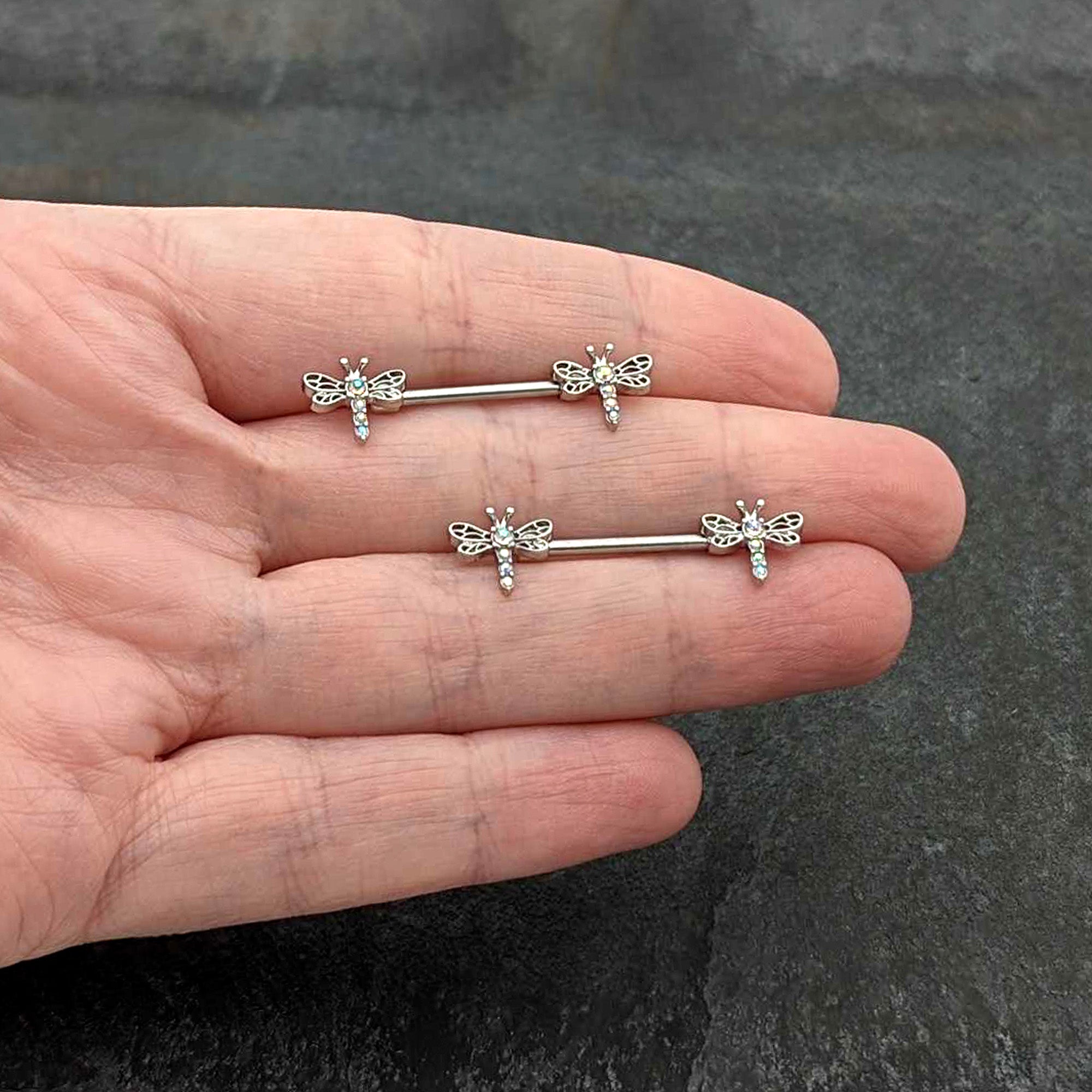 14 Gauge 9/16 Aurora Gem Ornate Dragonflies Barbell Nipple Ring Set