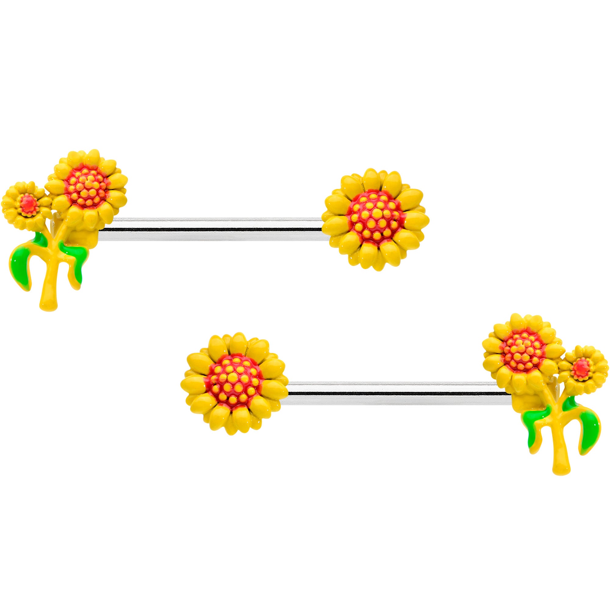 14 Gauge 9/16 Happy Yellow Sunflower Trio Barbell Nipple Ring Set