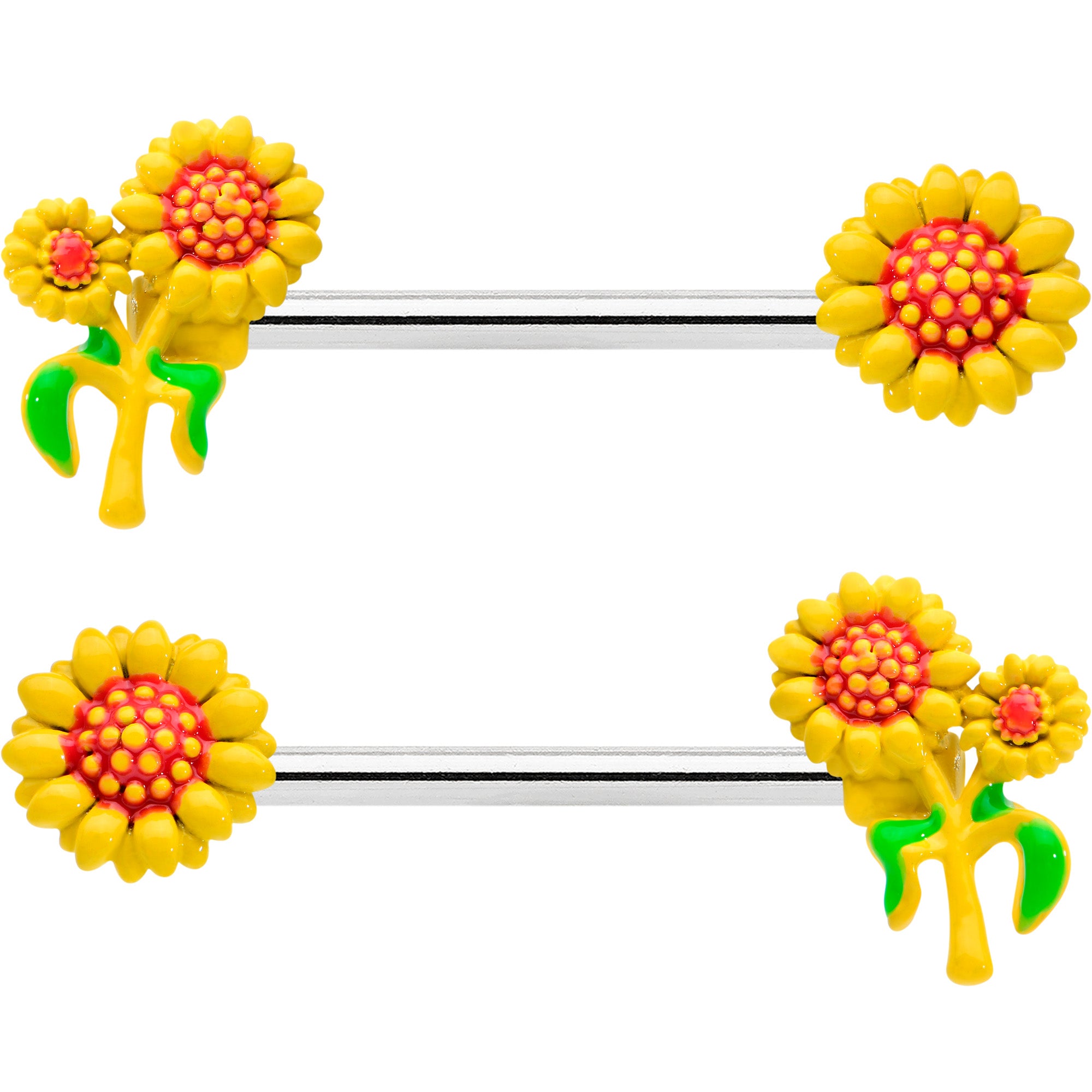 14 Gauge 9/16 Happy Yellow Sunflower Trio Barbell Nipple Ring Set