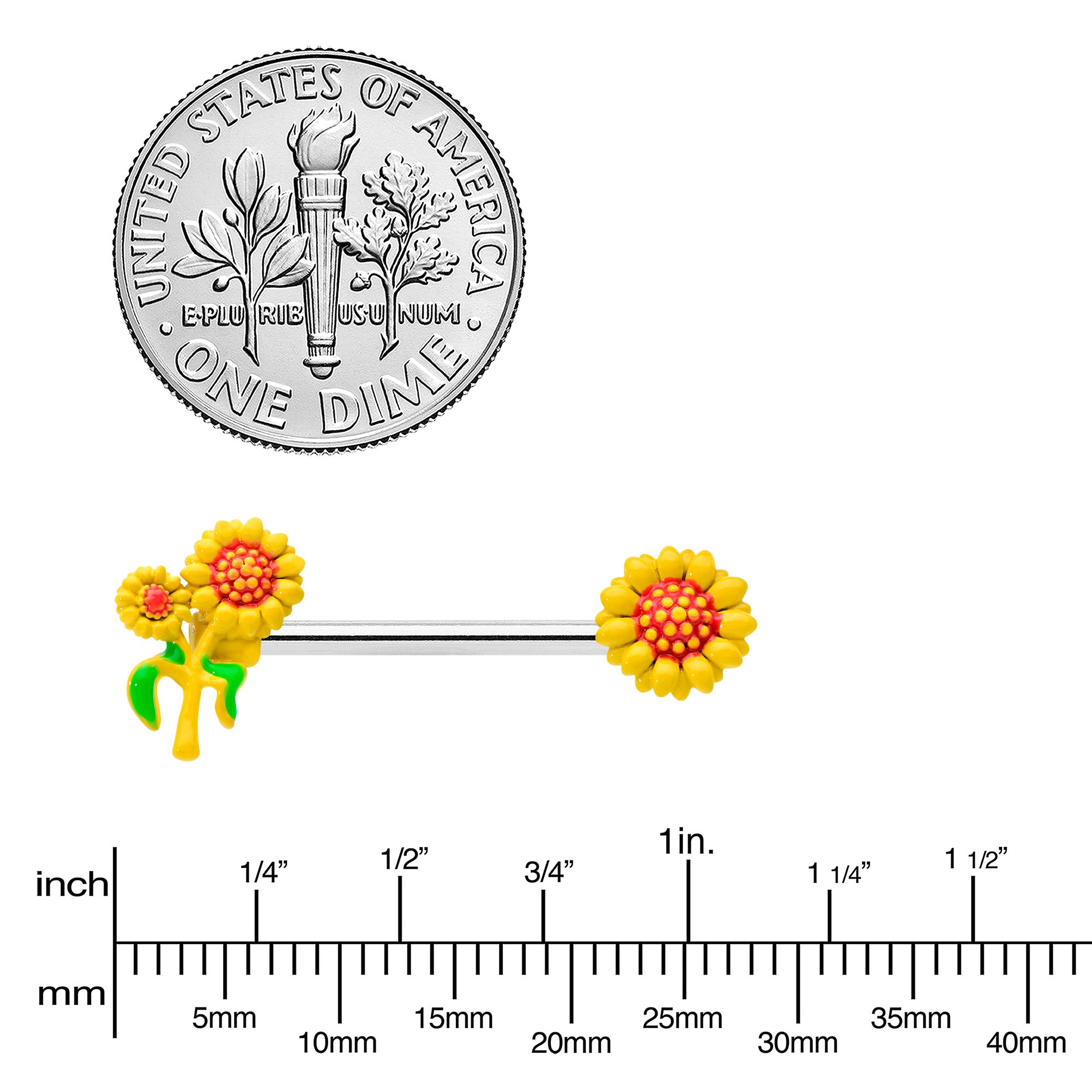 14 Gauge 9/16 Happy Yellow Sunflower Trio Barbell Nipple Ring Set