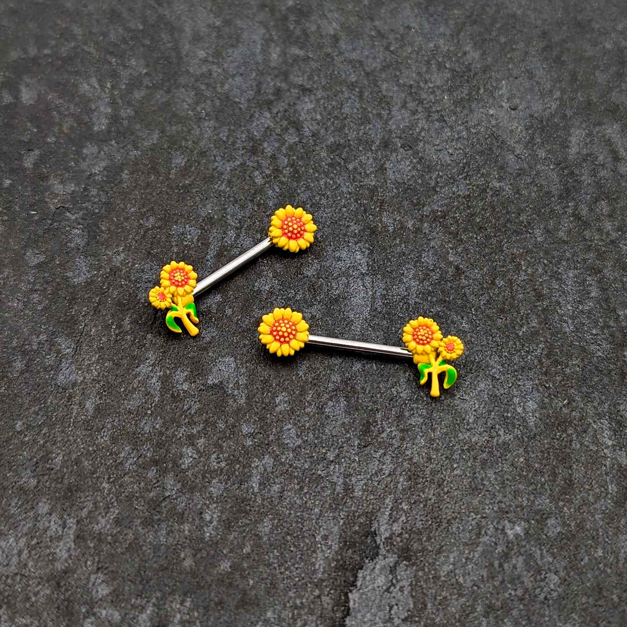 14 Gauge 9/16 Happy Yellow Sunflower Trio Barbell Nipple Ring Set