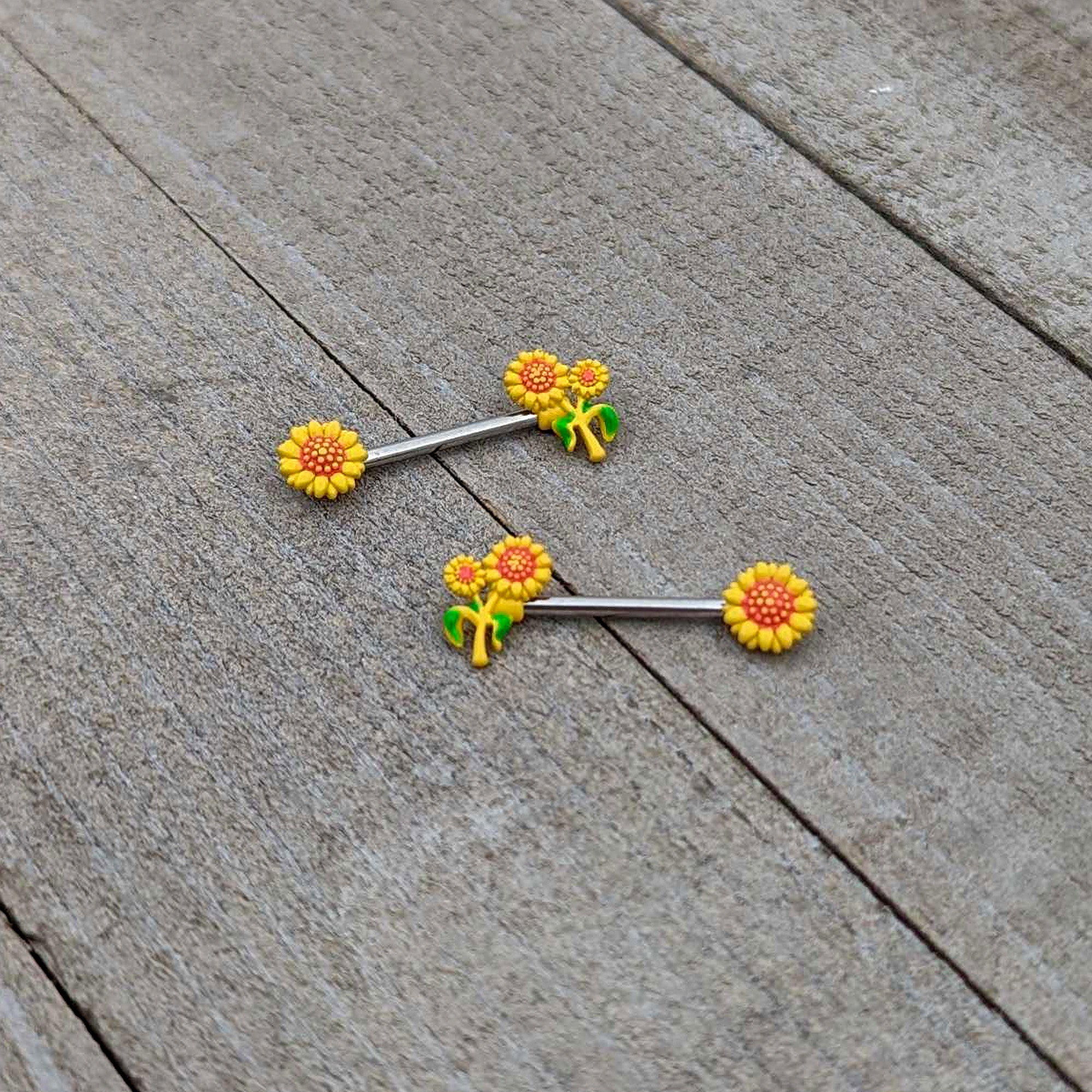 14 Gauge 9/16 Happy Yellow Sunflower Trio Barbell Nipple Ring Set