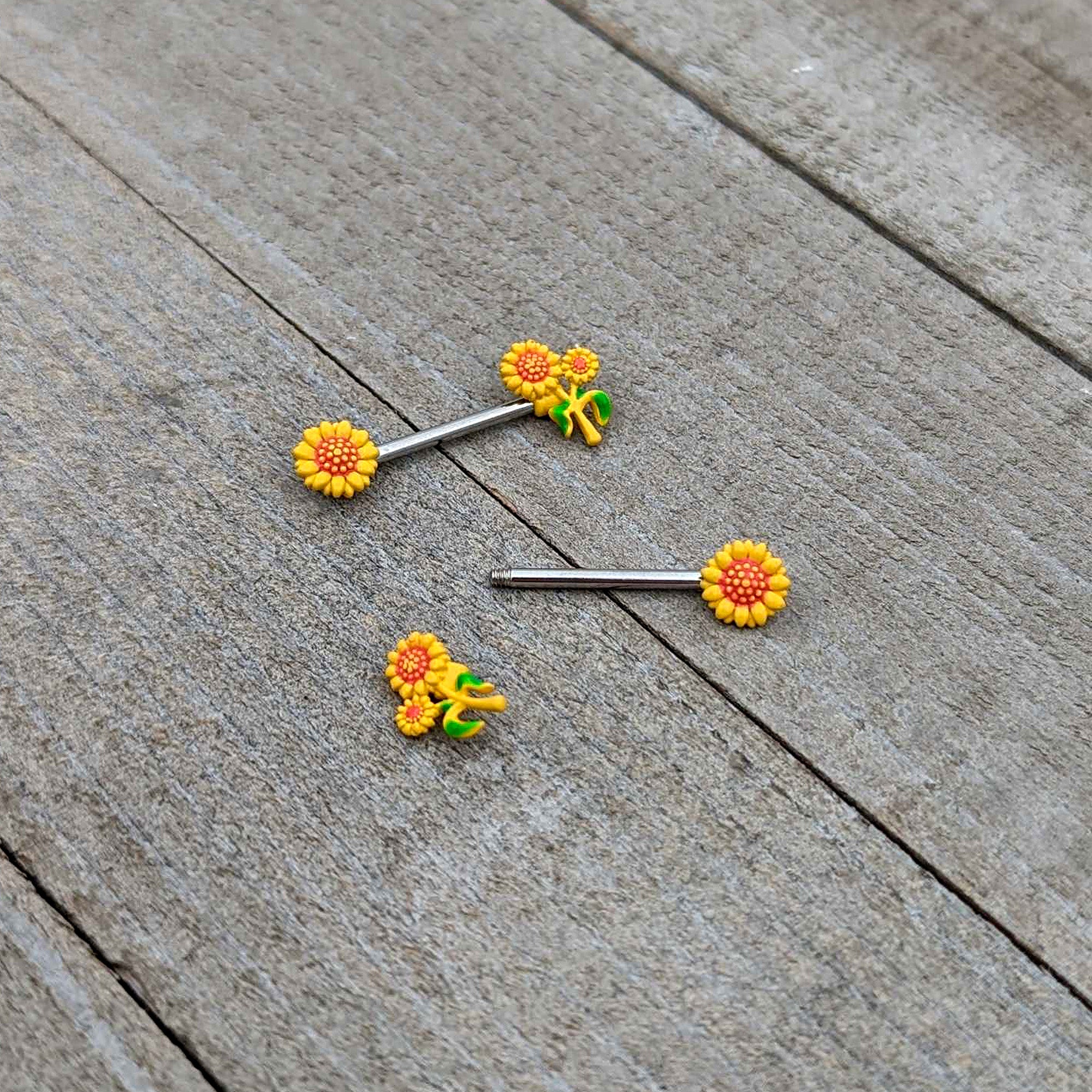 14 Gauge 9/16 Happy Yellow Sunflower Trio Barbell Nipple Ring Set